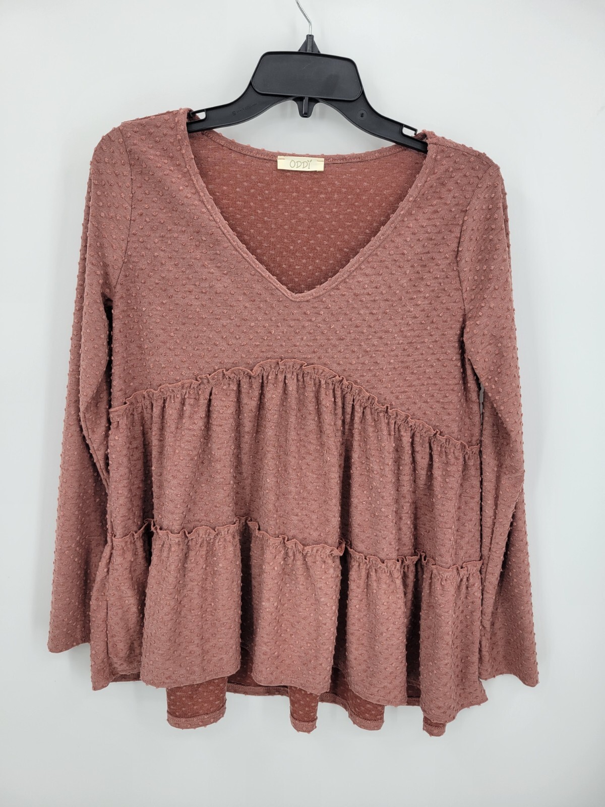 Oddy Anthropologie Top Womens Small Pink Dot Tiered Ruffled Flowy Boho Long Slv