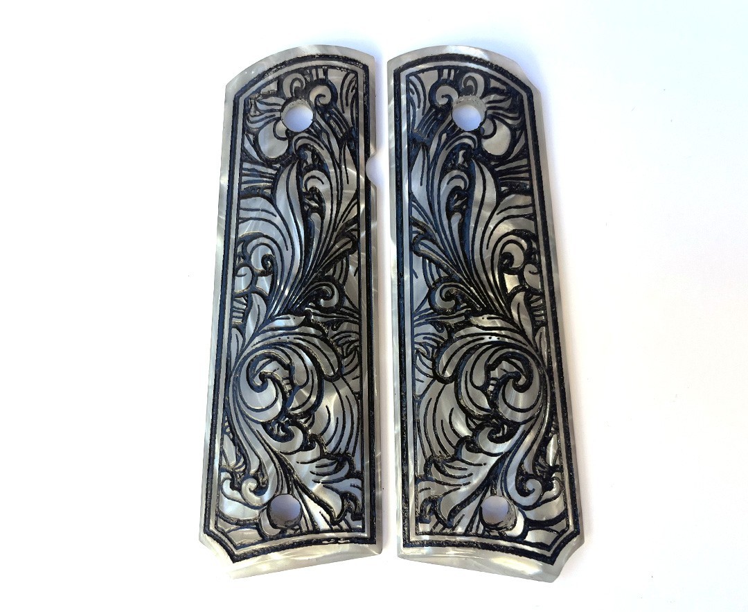 1911 Full Grips Engraved Classic Floral Scroll Extreme Polymer - Silver Color