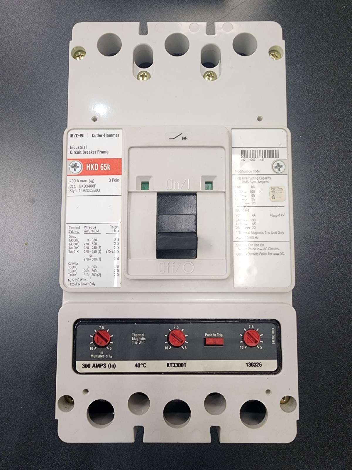 EATON HKD3400F MCCB 3P 65KAIC@480V 400A FRAME W/ KT3300T 300A TRIP UNIT OPEN BOX