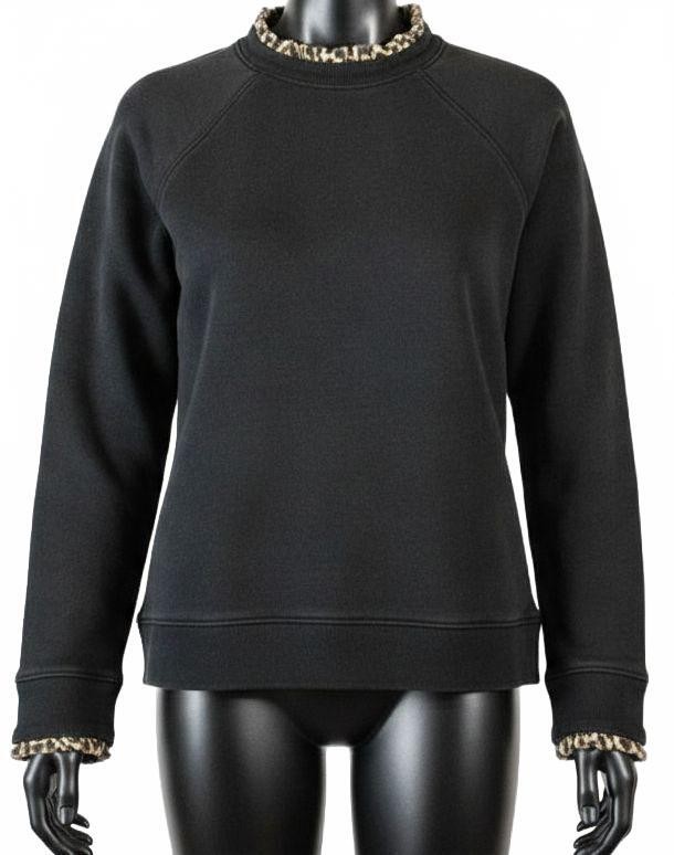 J.Crew Black Sweatshirt with Leopard Trim and Back Zipper, Size S