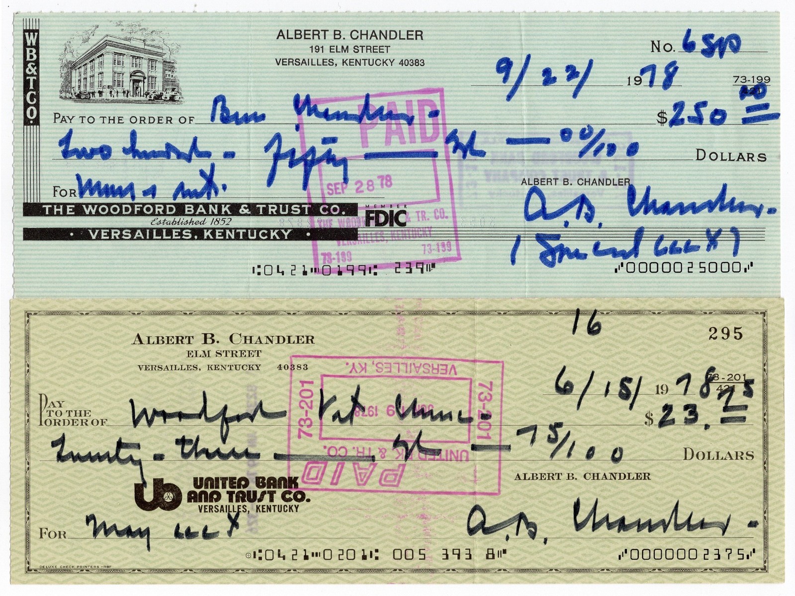 Lot of 2 Albert AB Happy Chandler Signed Autographed Baseball Personal Check PSA