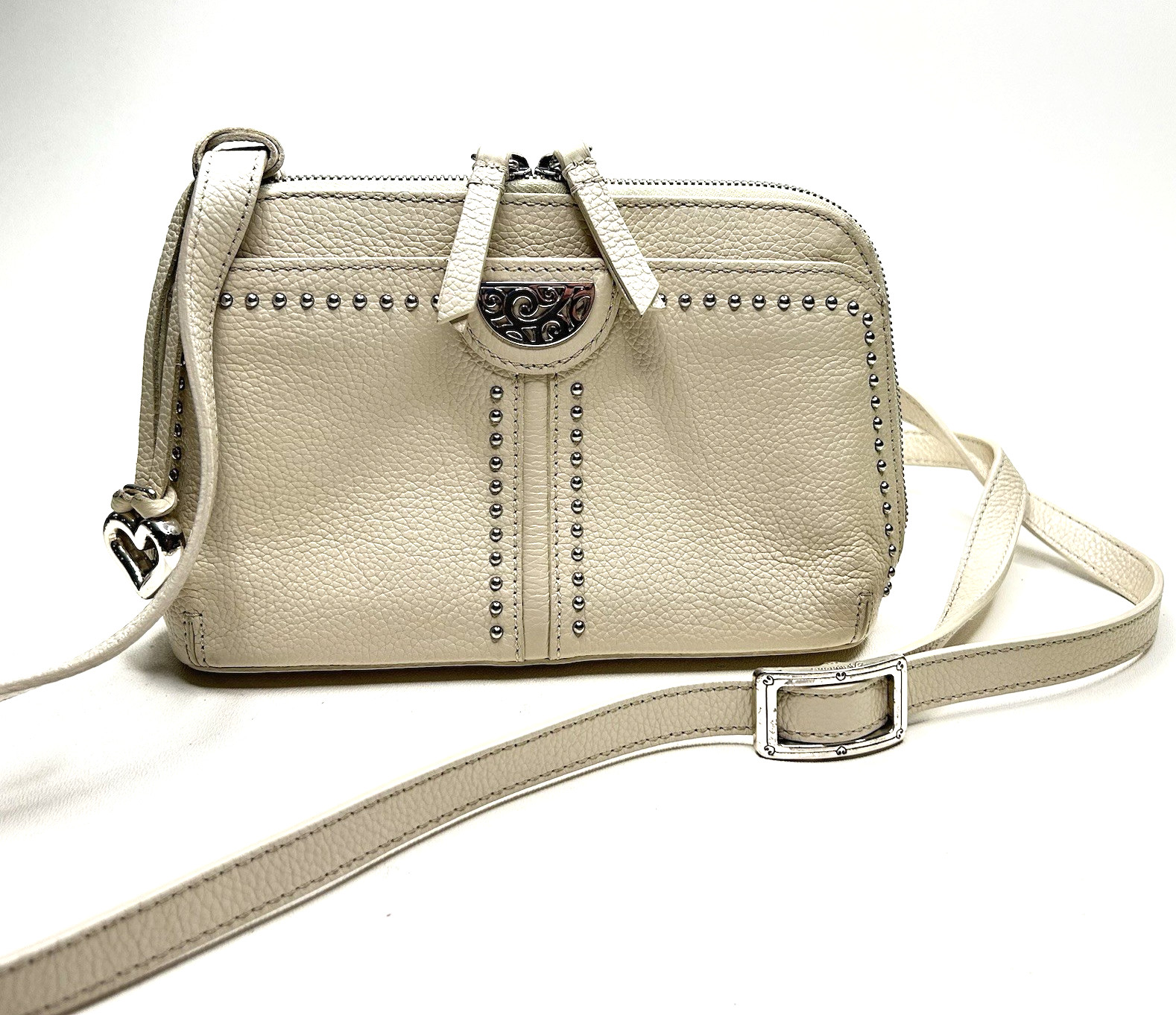 BRIGHTON Jojo Mini Domed Ivory Leather Organizer Crossbody Bag Zip Around BRIGHTON Jojo Mini Domed Ivory Leather Organizer Crossbody Bag Zip Around
