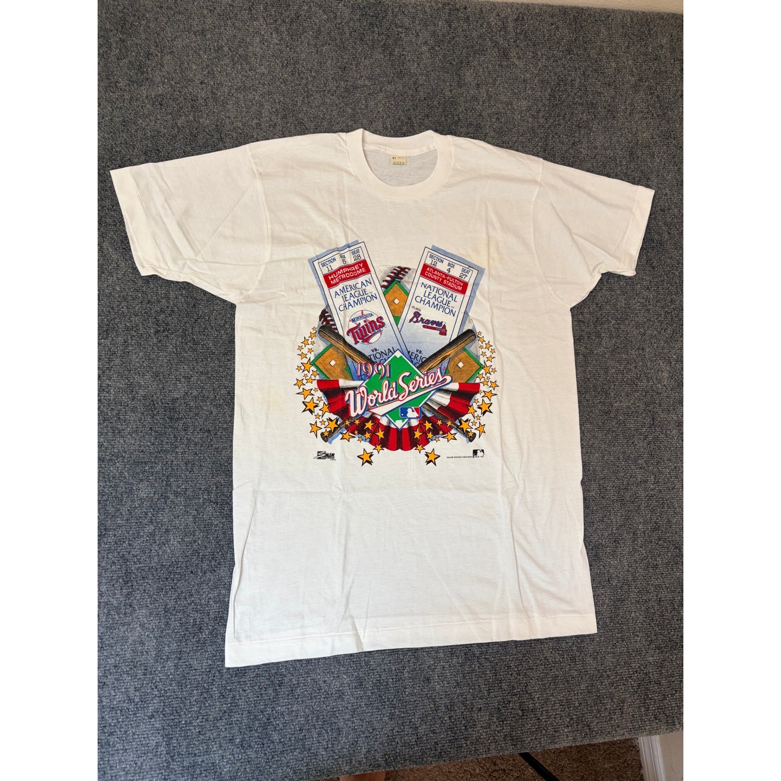 VTG 1991 World Series Shirt Mens XL Minnesota Twins Atlanta Braves MLB White