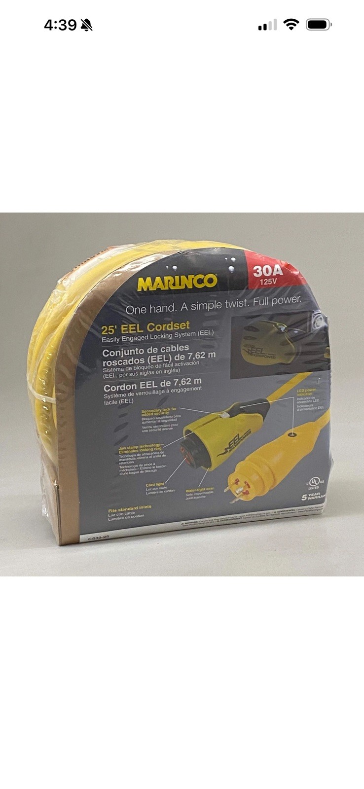 MARINCO 30A,125V Easily Engaged Locking System 25\' Yellow CS30-25 MARINCO 30A,125V Easily Engaged Locking System 25\' Yellow CS30-25