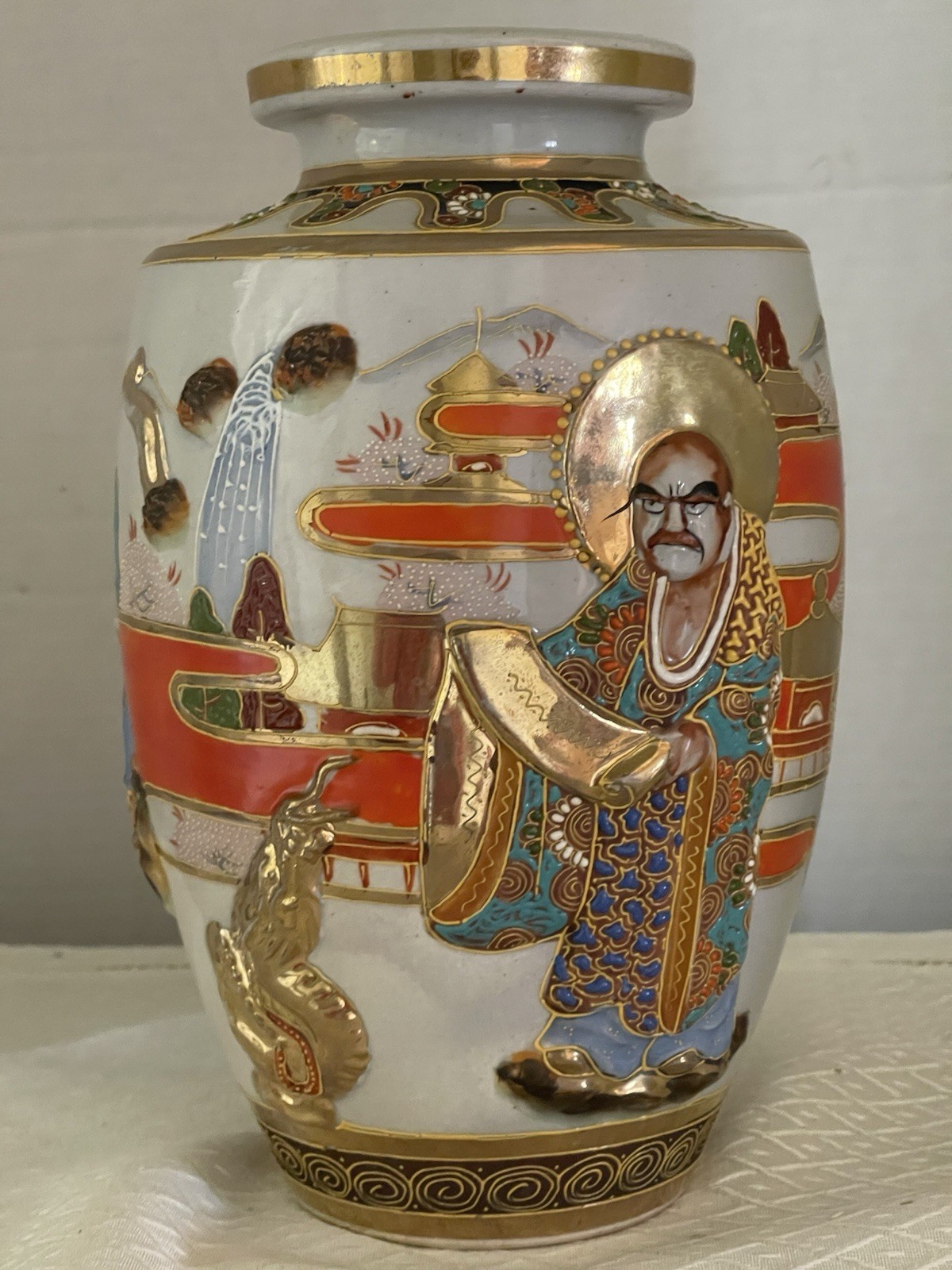 Signed Japanese Kutani Moriage Vase 10\