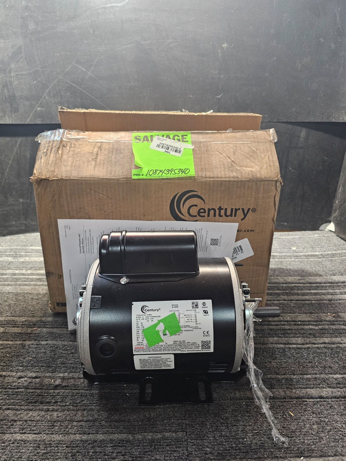 Century C426V2 Capacitor-Start Belt Drive Motor, 3/4 Hp, 56 Frame, 115/208-230V