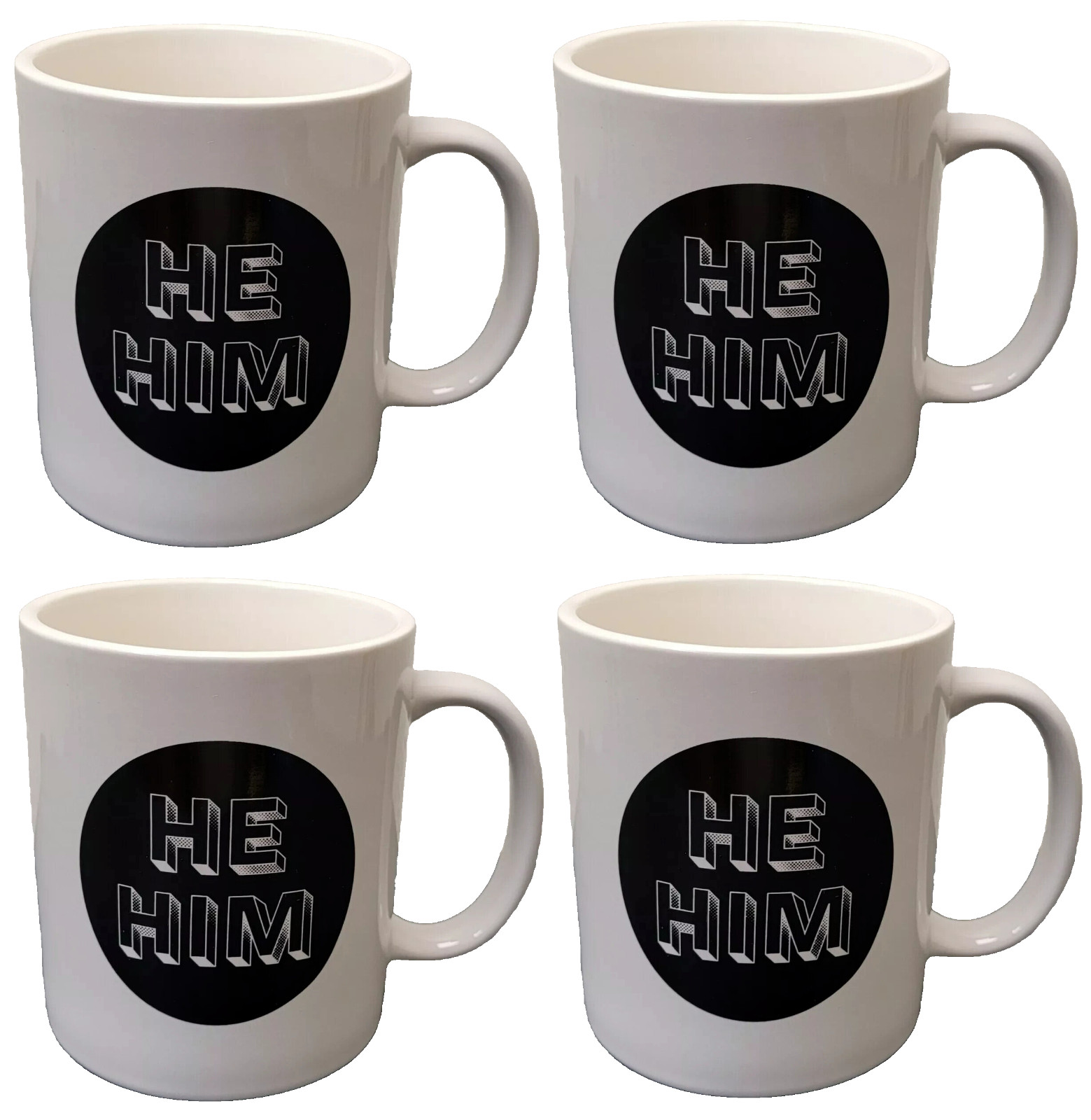 He/Him Pronouns Coffee Mug 4 count Coffee Tea Cup Stoneware New Black & White