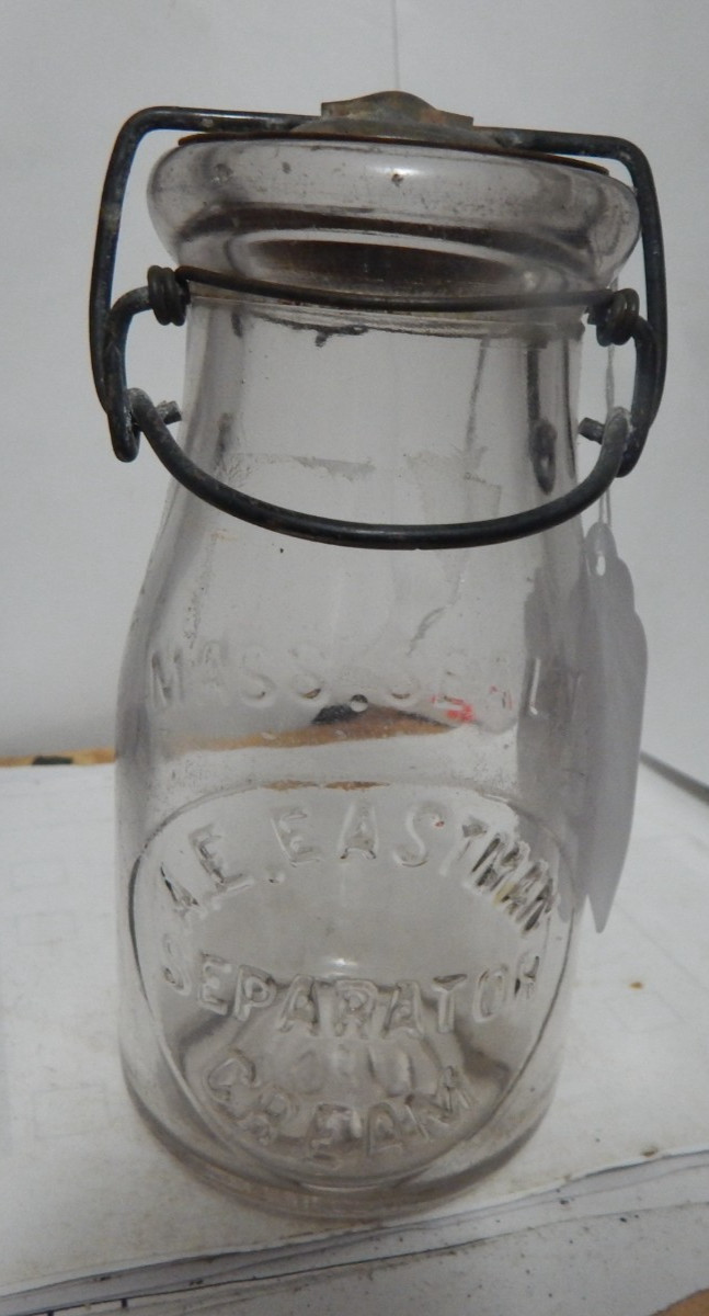 antique 1/2 pt tin top milk bottle A .E. Eastman separator cream Mass Seal antique 1/2 pt tin top milk bottle A .E. Eastman separator cream Mass Seal