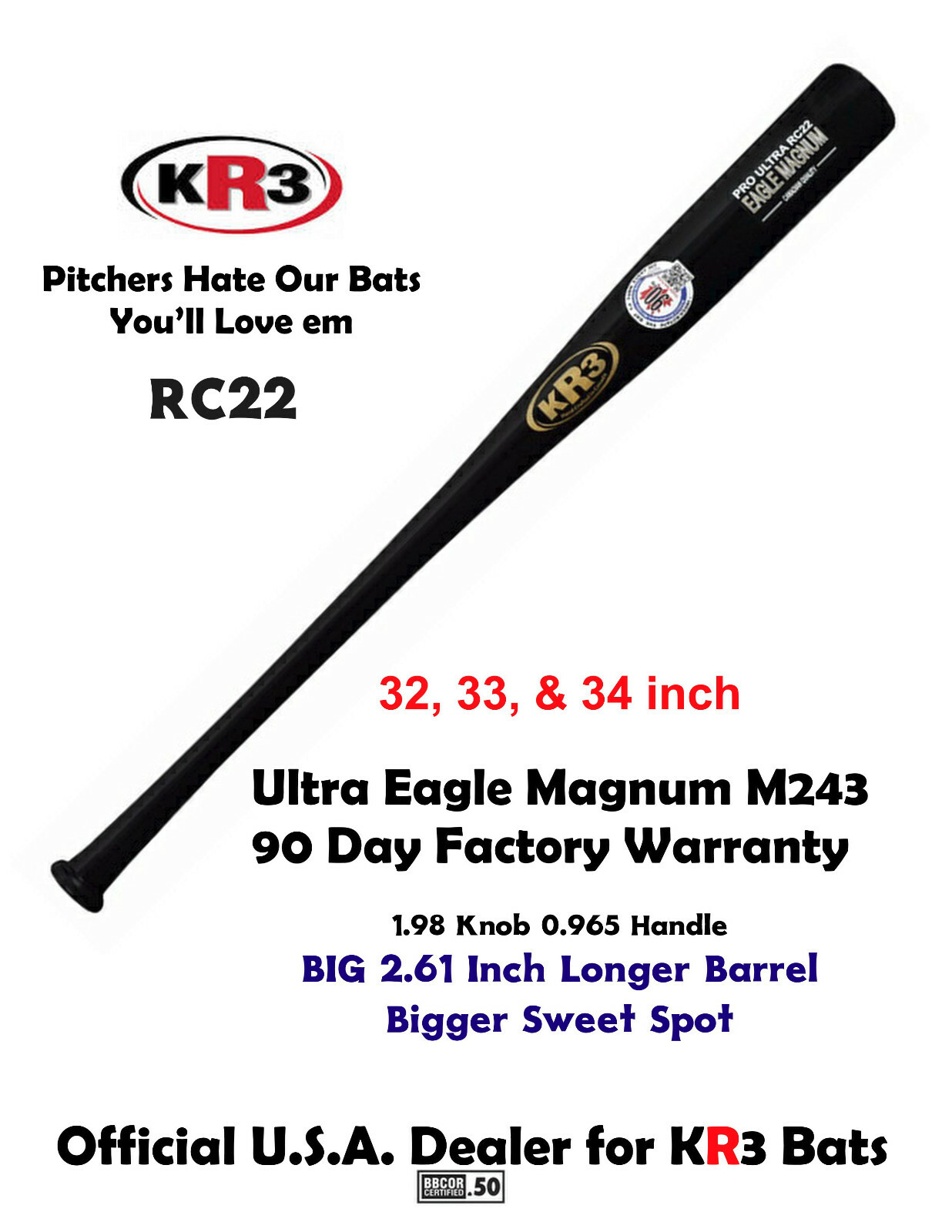 KR3 RC22 34 in Eagle Magnum ULTRA  Baseball Composite Wood Bat 90 Day Warranty
