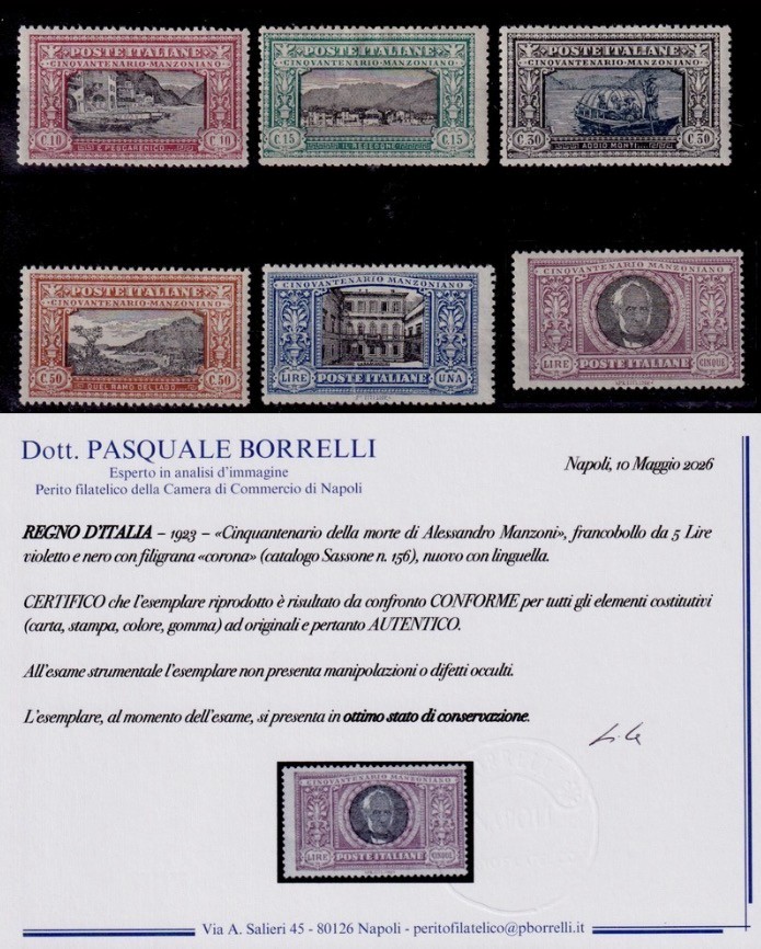 1923 - MANZONI series COMPLETE 6 NEW stamps with MH tingel Certified