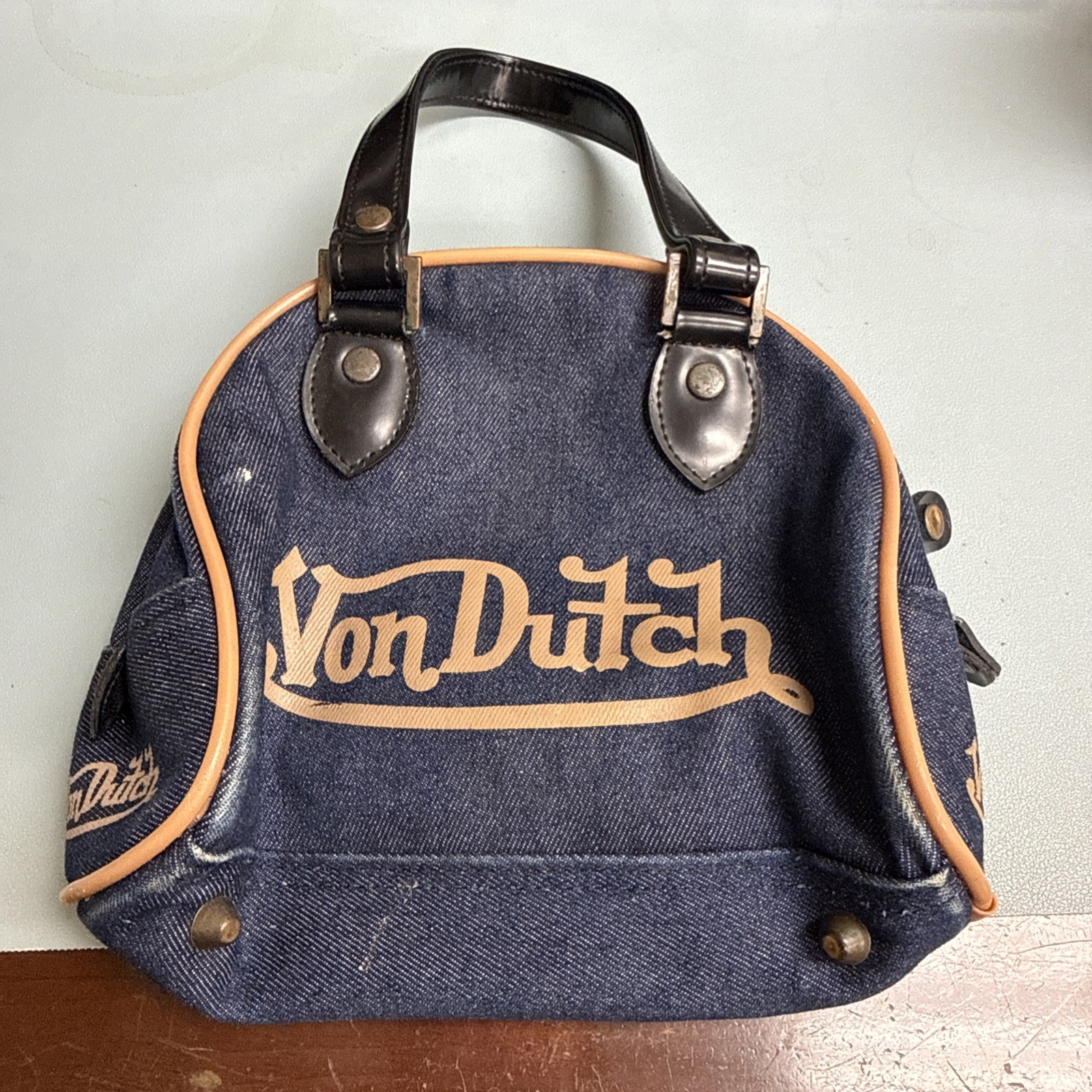 RARE Vintage 2000s Von Dutch Denim Mini Bowling Bag Purse Y2K Brown Trim Logo RARE Vintage 2000s Von Dutch Denim Mini Bowling Bag Purse Y2K Brown Trim Logo