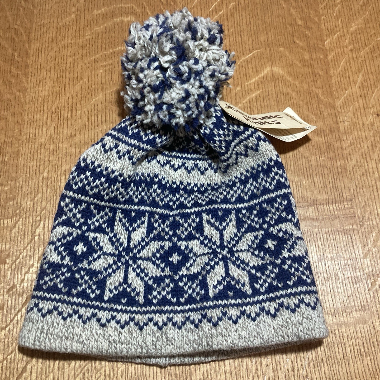 Icelandic Style Knit Hat Beanie w/ Pom-Pom Size 20” 85% Wool Blue Gray NOS VTG