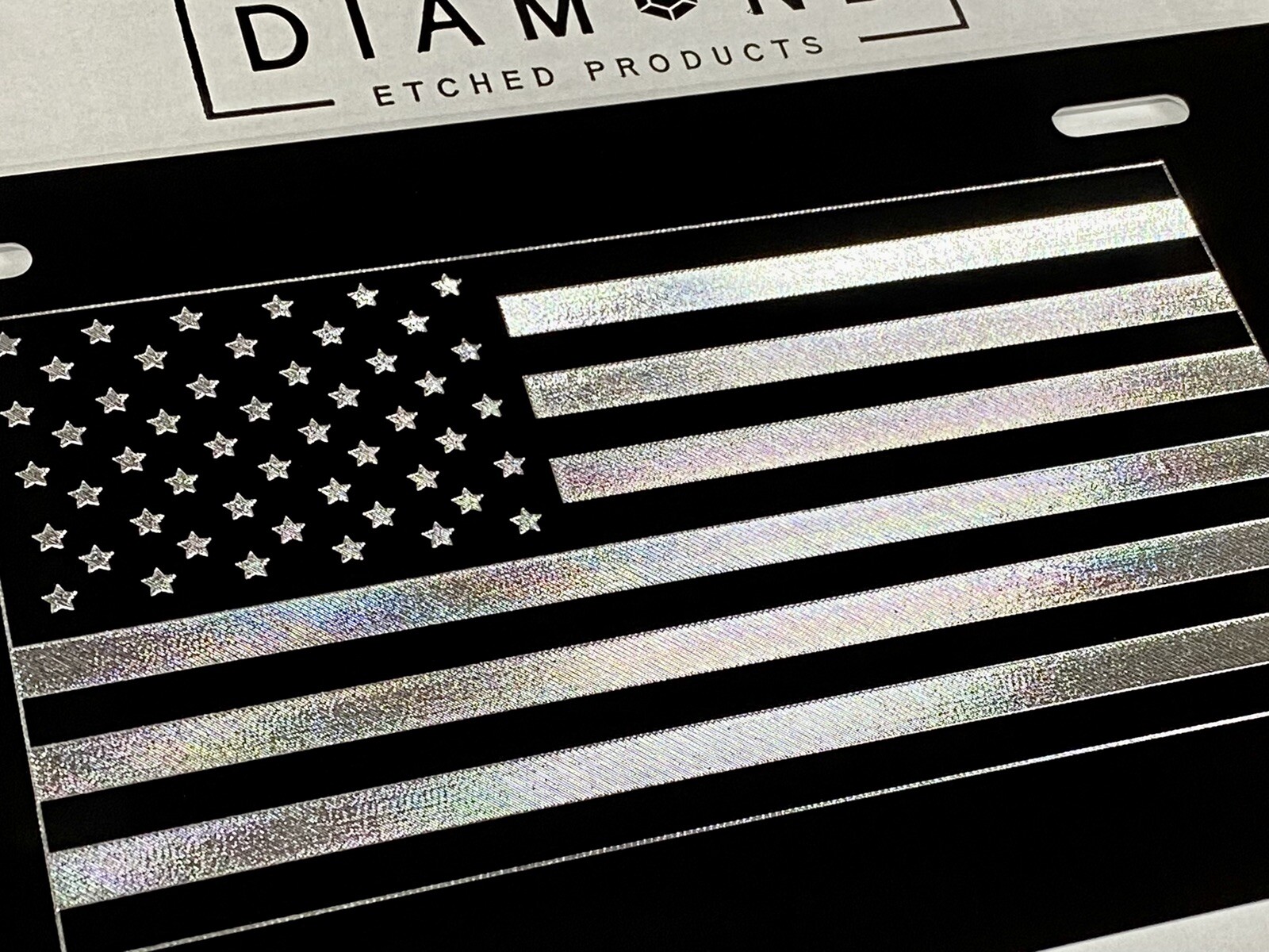Engraved US USA American Flag Patriotic Car Tag Etched Black Metal License Plate