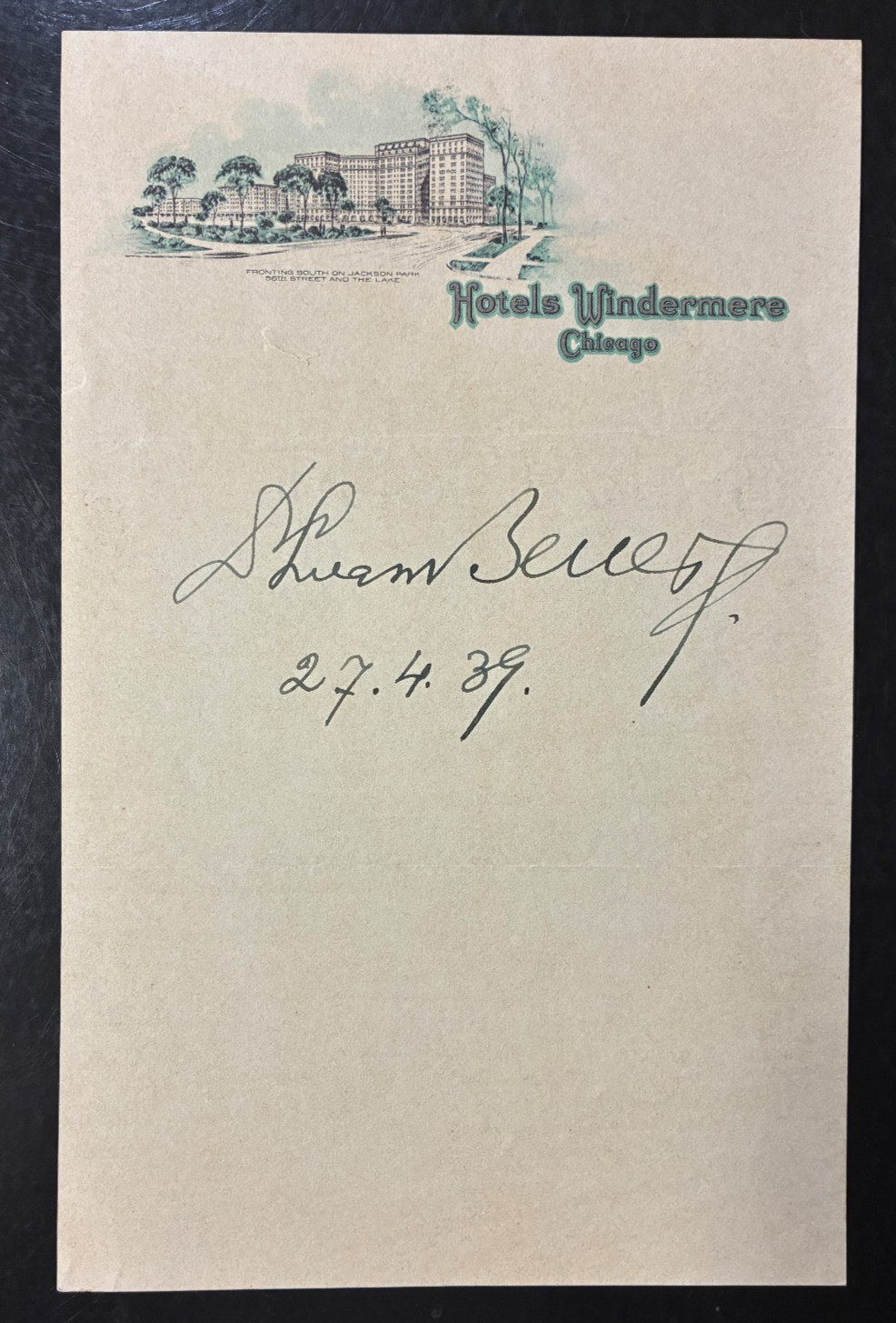 Edvard Benes Signed 1939 Chicago Hotel Stationery Czech President WWII Exile