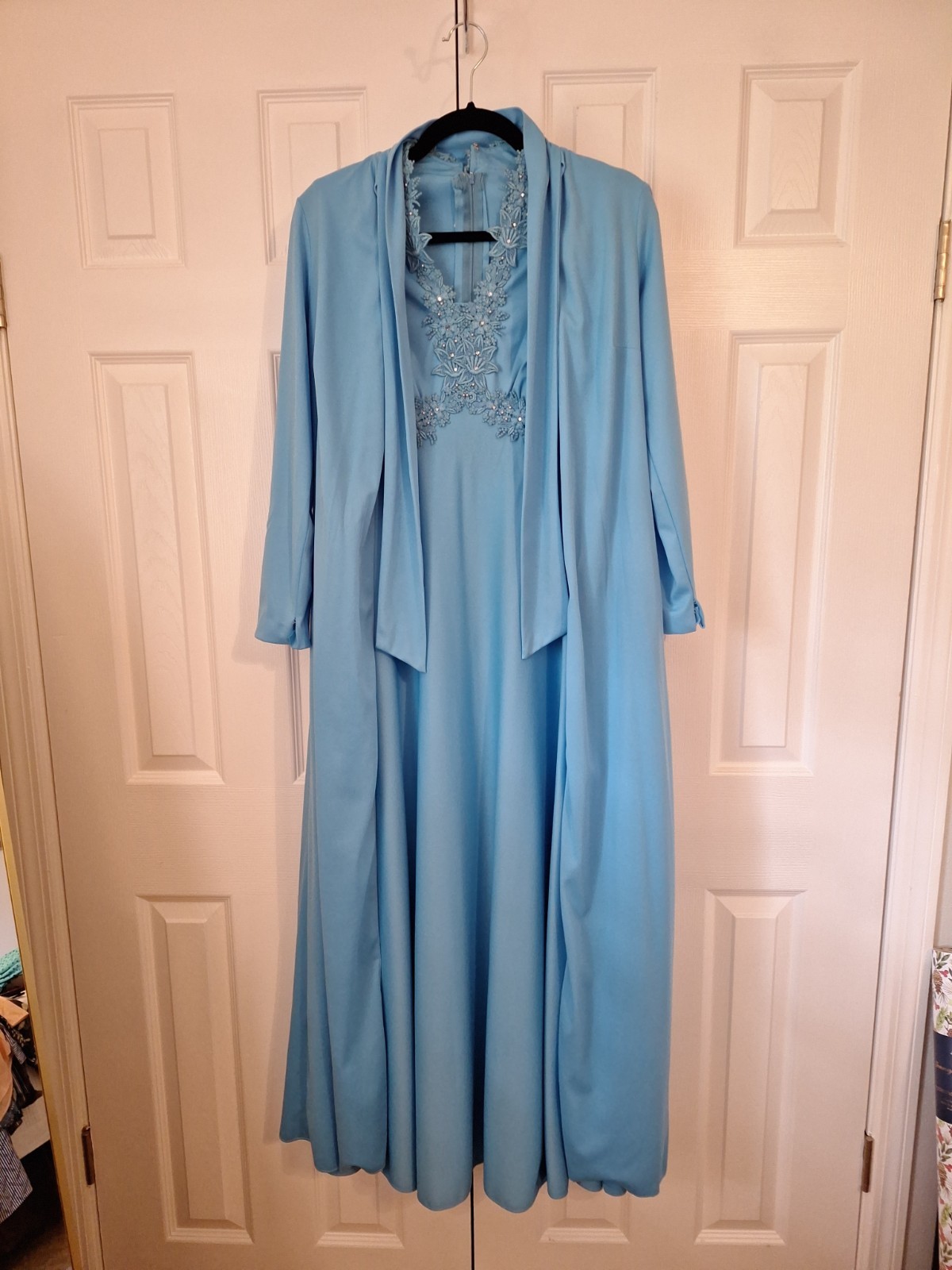 Vintage 70s Womens Blue Maxi Sleeveless Dress Handmade With Bling And Jacket