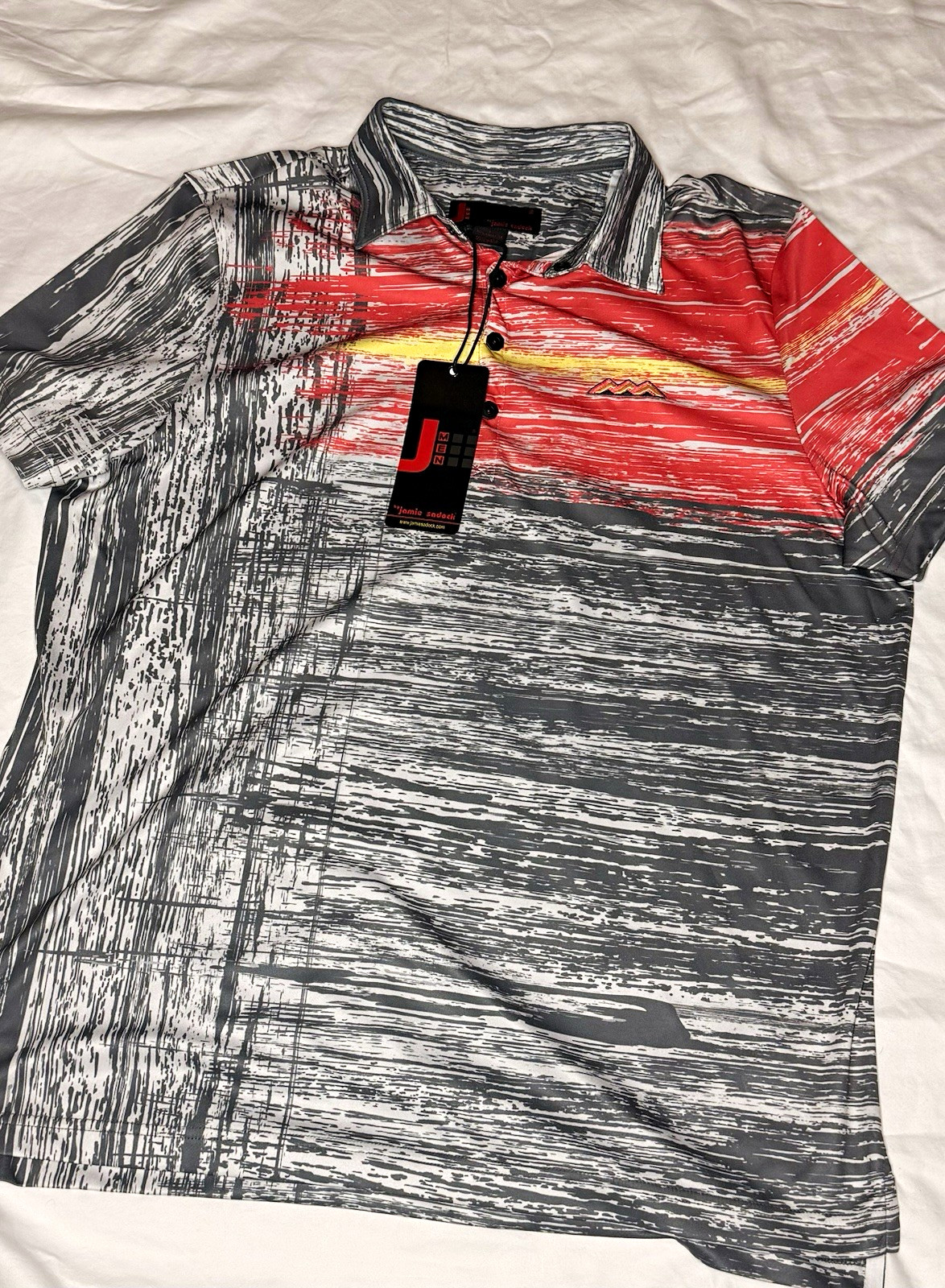 NWT J Men by Jamie Sadock Gray Red Abstract Print Polyester Golf Polo Shirt