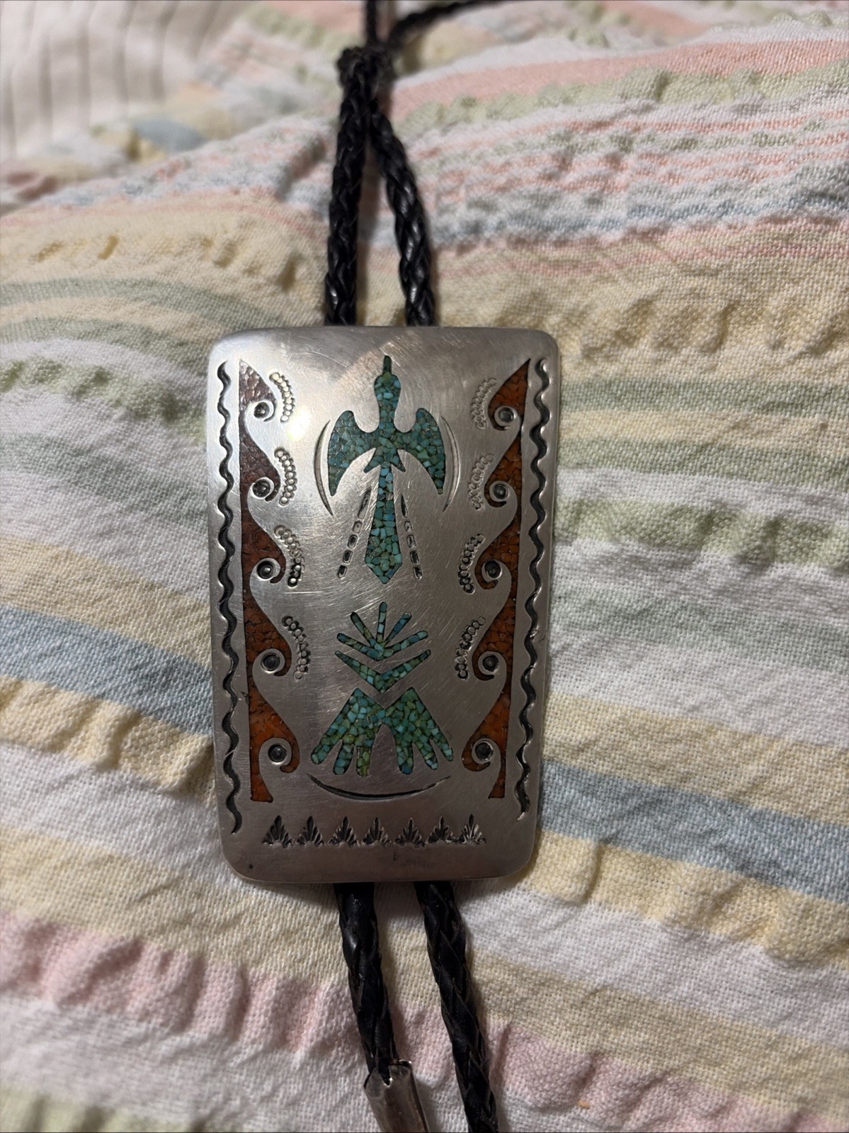 Vintage Native American Turquoise and Coral Phoenix 1960\'s Bolo Tie Signed 17\ Vintage Native American Turquoise and Coral Phoenix 1960\'s Bolo Tie Signed 17\