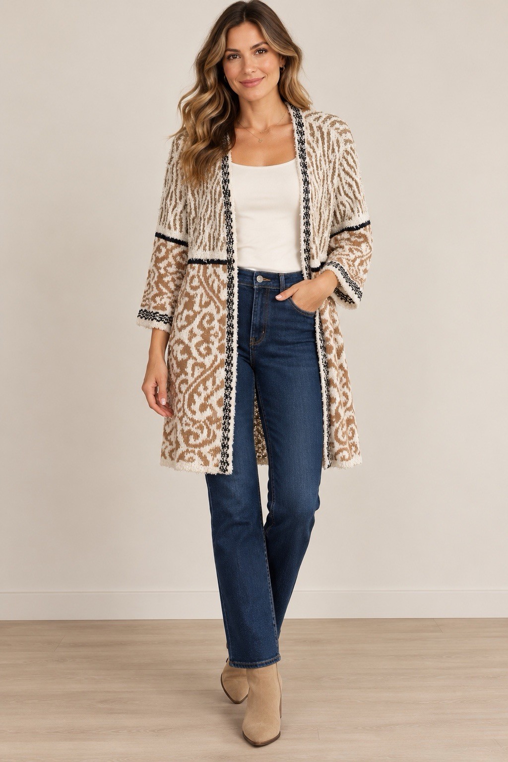 Chico’s Size 1 Textured Metallic Knit Open Front Cardigan Jacket Cream Taupe Chico’s Size 1 Textured Metallic Knit Open Front Cardigan Jacket Cream Taupe