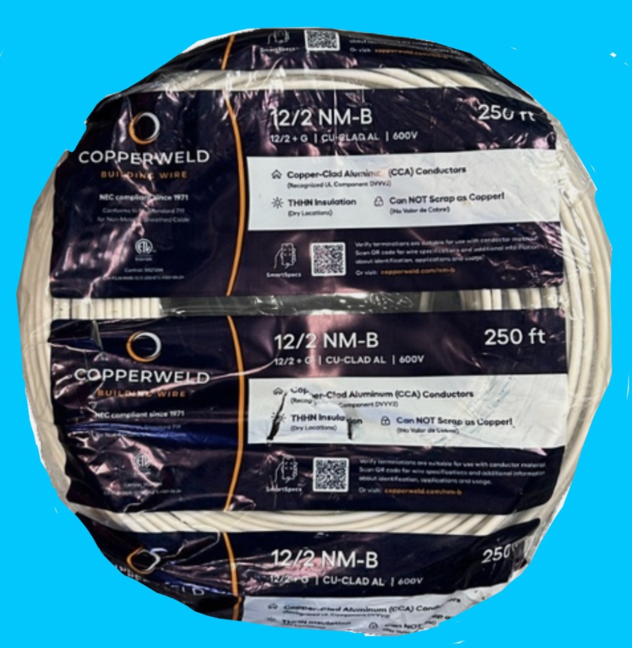 COPPERWELD 12/2 NM-B 250 ft, Copper Clad Aluminum, Non-Metallic Sheathed Cable. COPPERWELD 12/2 NM-B 250 ft, Copper Clad Aluminum, Non-Metallic Sheathed Cable.