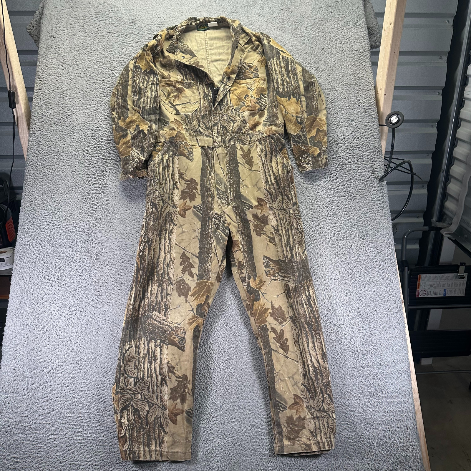 VTG Cabela's One-Piece Men L Brown Realtree Camo Polyester Coverall Hunting USA