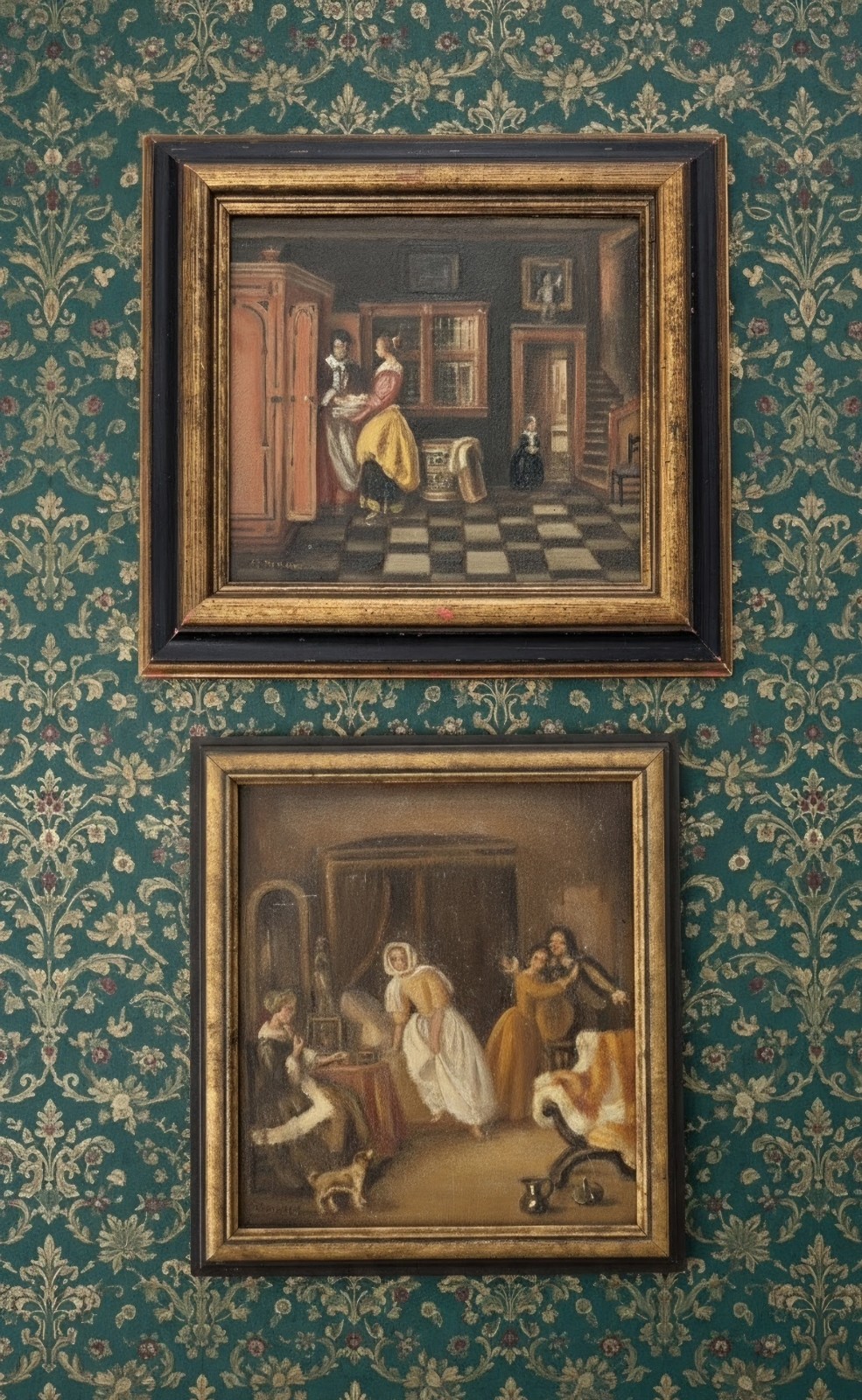 Antique Pair Baroque Royalty Heraldry Parlor Victorain Farmhouse Painting G.Monk
