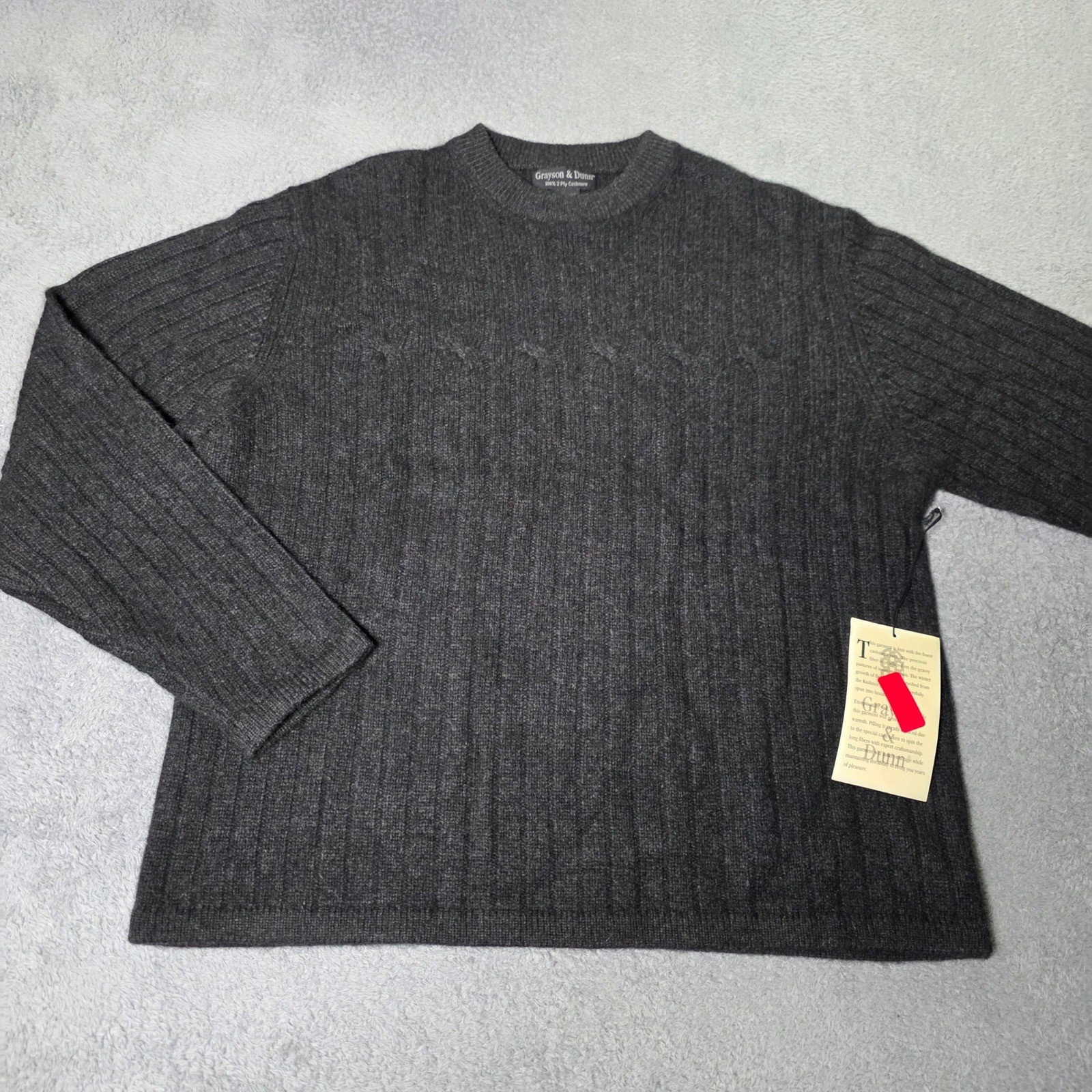 Grayson & Dunn Mens L Sweater Charcoal Gray 100% 2-Ply Cashmere Ribbed VTG NOS