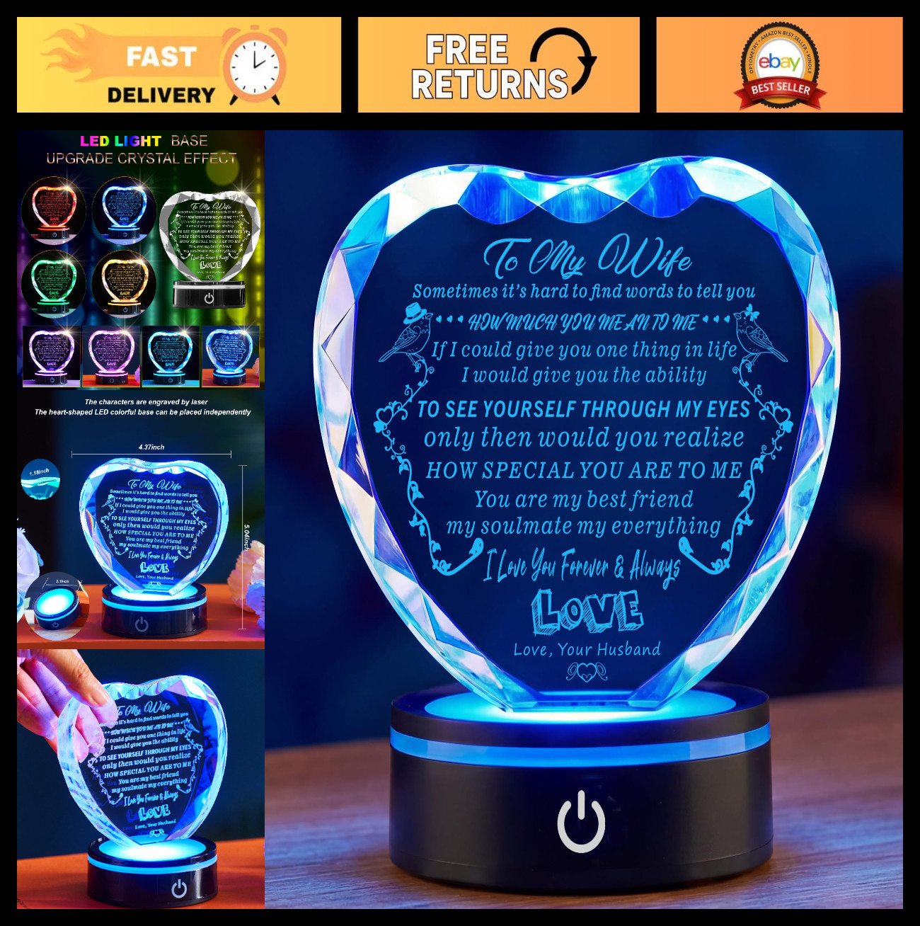 Colorful LED Base I Love You Gift for Her, Best Wife Anniversary Birthday Gift,