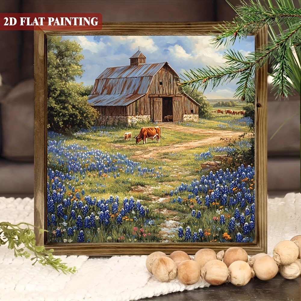 Rustic Farm Barn Bluebonnet Cow Country Landscape Wooden Sign Farmhouse Decor