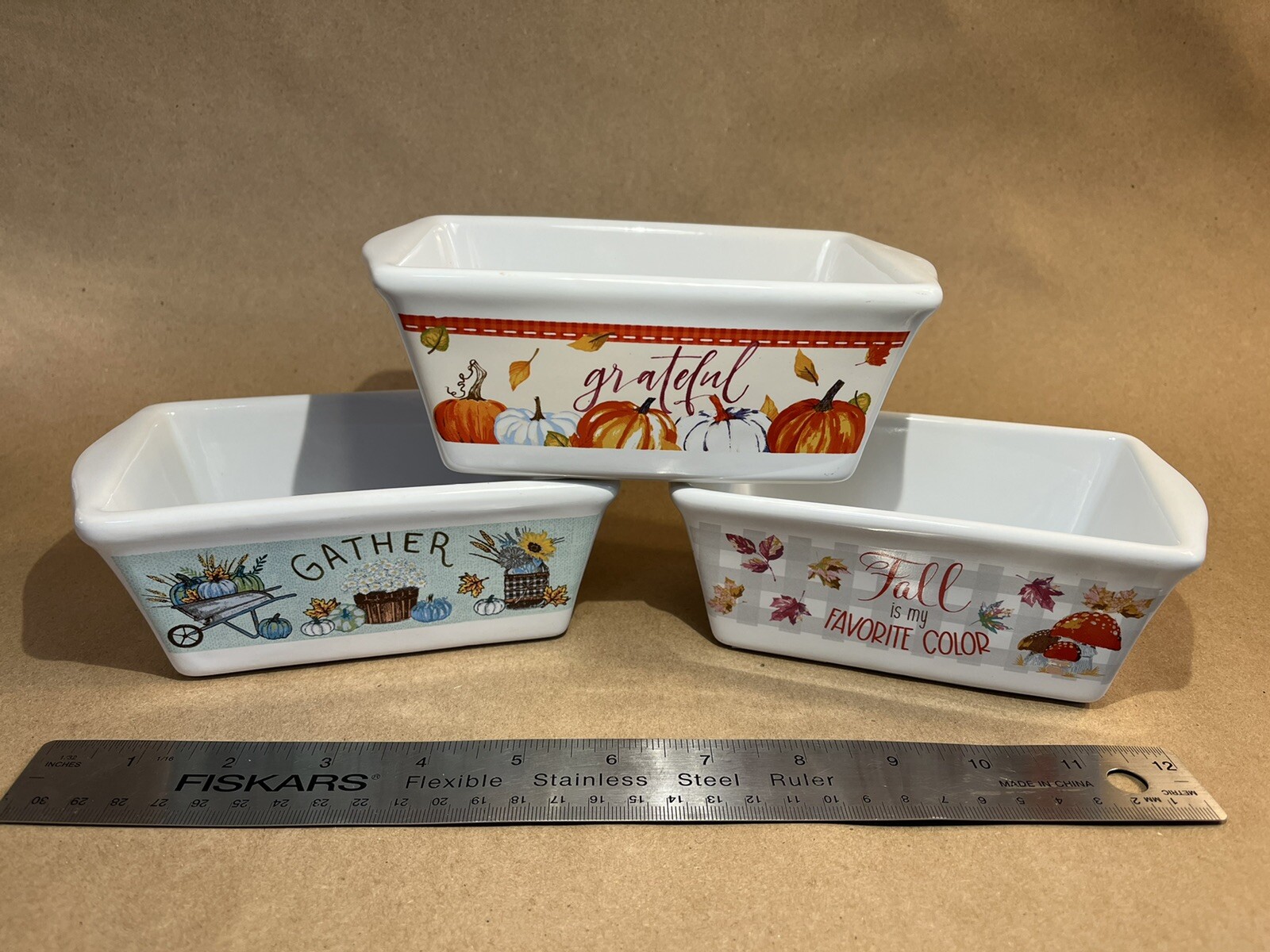 Fall themed ceramic mini loaf pans set of three 6.5 inches across top 2.5 tall