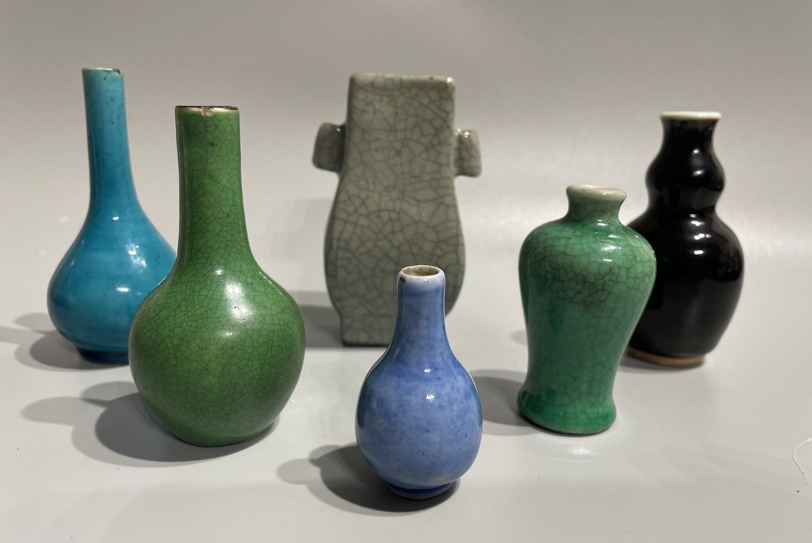 Collection of Chinese Qing Miniature Monochrome Cabinet Vases Kangxi and Later