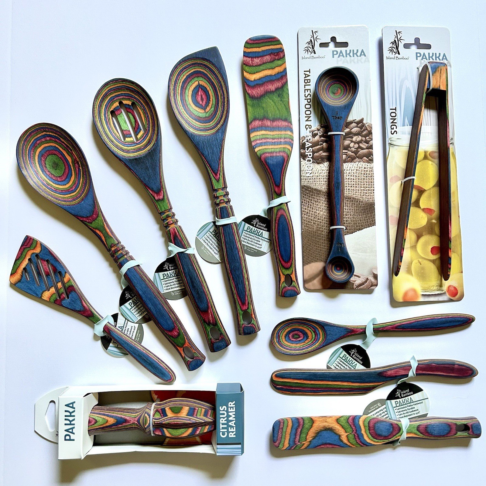 NEW Island Bamboo 11-PIECE SET PAKKAWOOD KITCHEN UTENSILS in Rainbow Stripe
