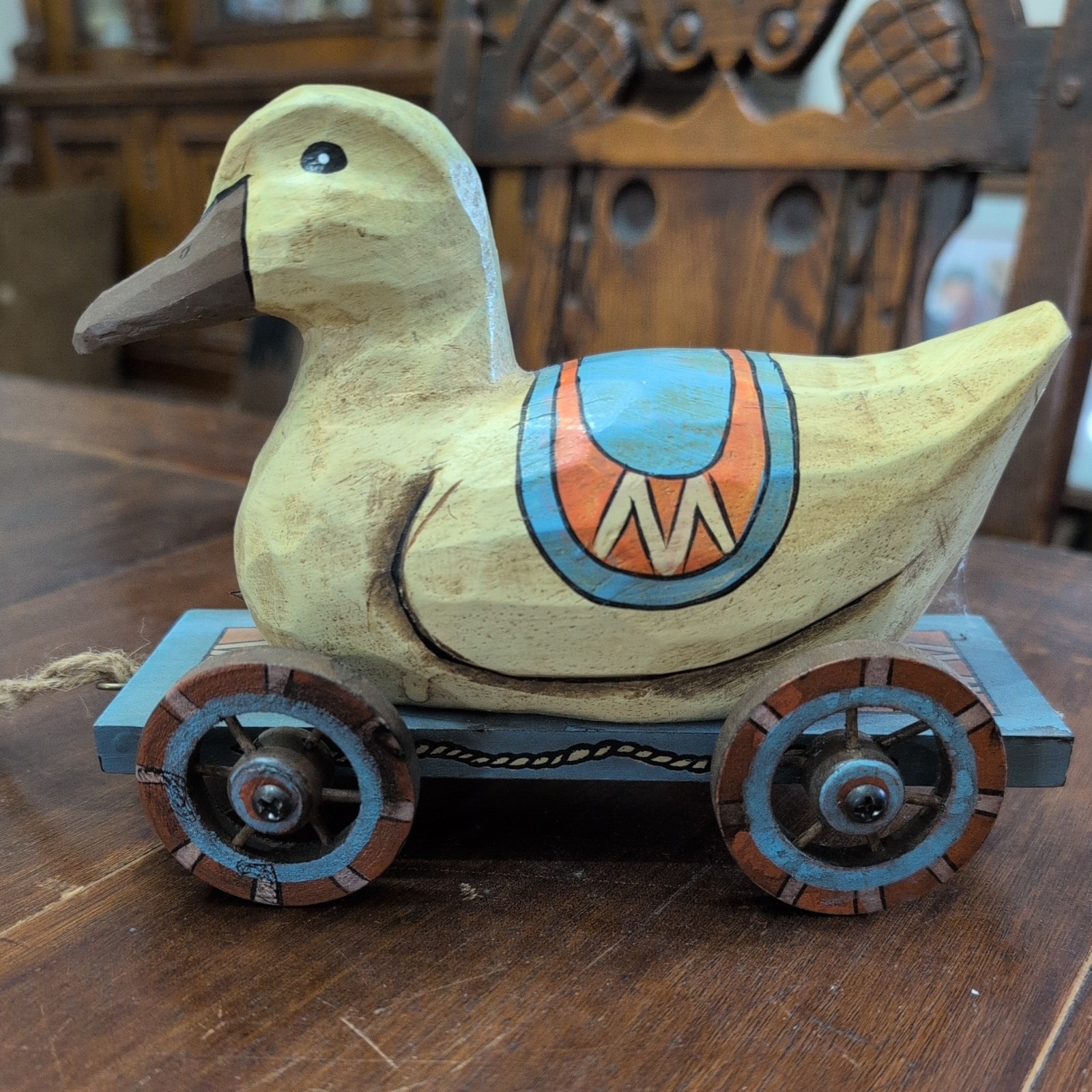Wood Duck Pull Toy ABC Distributing On Wheels Collectible Wooden 7\ Wood Duck Pull Toy ABC Distributing On Wheels Collectible Wooden 7\