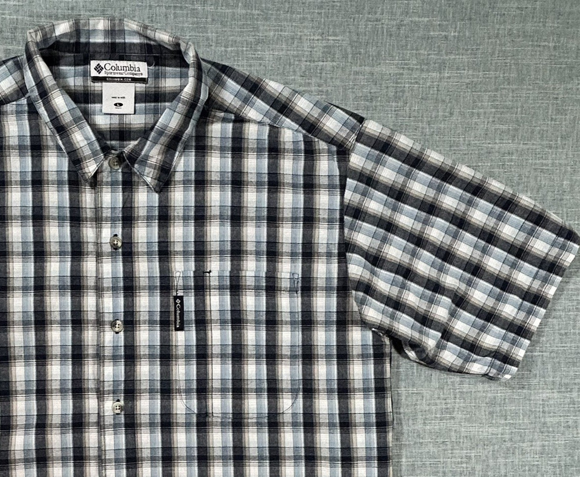 Vintage Columbia Button Up Plaid Camp Shirt Mens Large Blue Torquise Midweight
