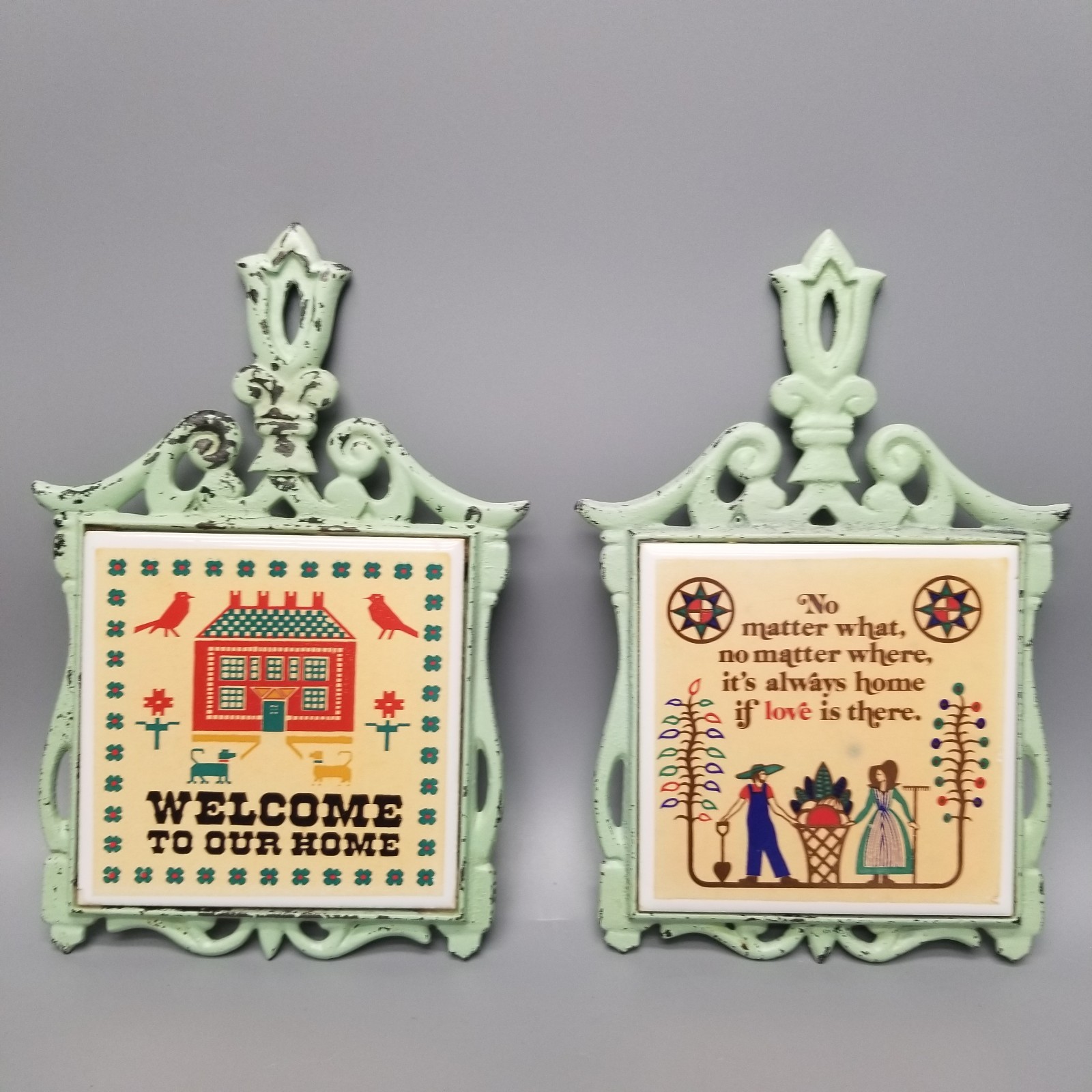 Vtg Farmhouse Cast Iron W/ Ceramic Tile Trivet Poetry Home Love Pets Home Decor 