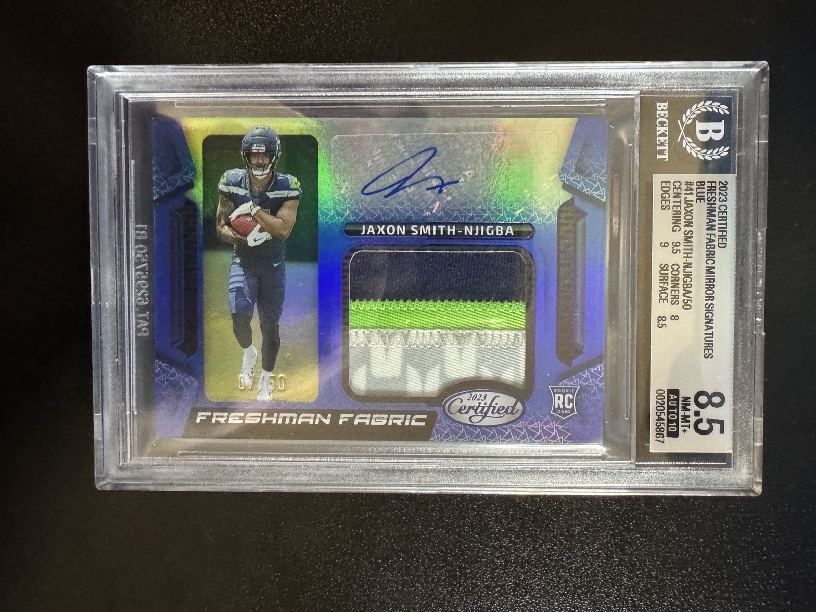 2023 Panini Certified Jaxon Smith-Njigba Blue Mirror FF RPA /50 BGS 8.5 Auto 10 2023 Panini Certified Jaxon Smith-Njigba Blue Mirror FF RPA /50 BGS 8.5 Auto 10