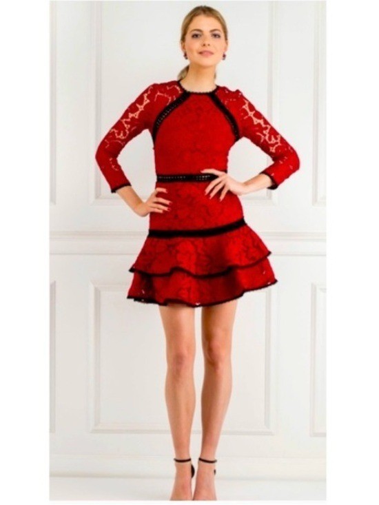 NWT Alexis Kharis Floral Crochet Lace Tiered Sheath Mini Dress Formal Red XS