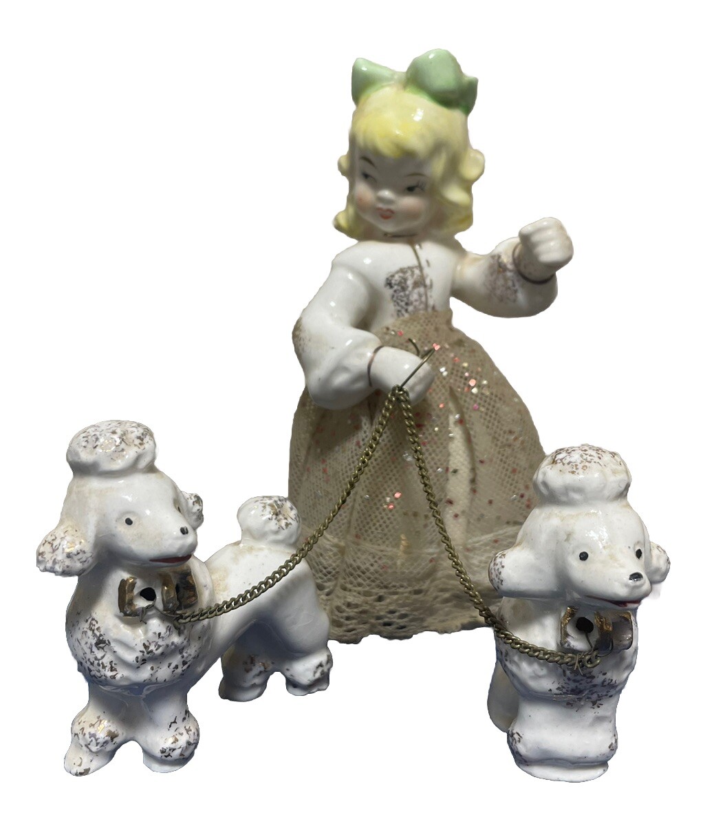 Vintage Kitschy Girl Figurine With Chained Poodles Porcelain Pretty Dress Japan