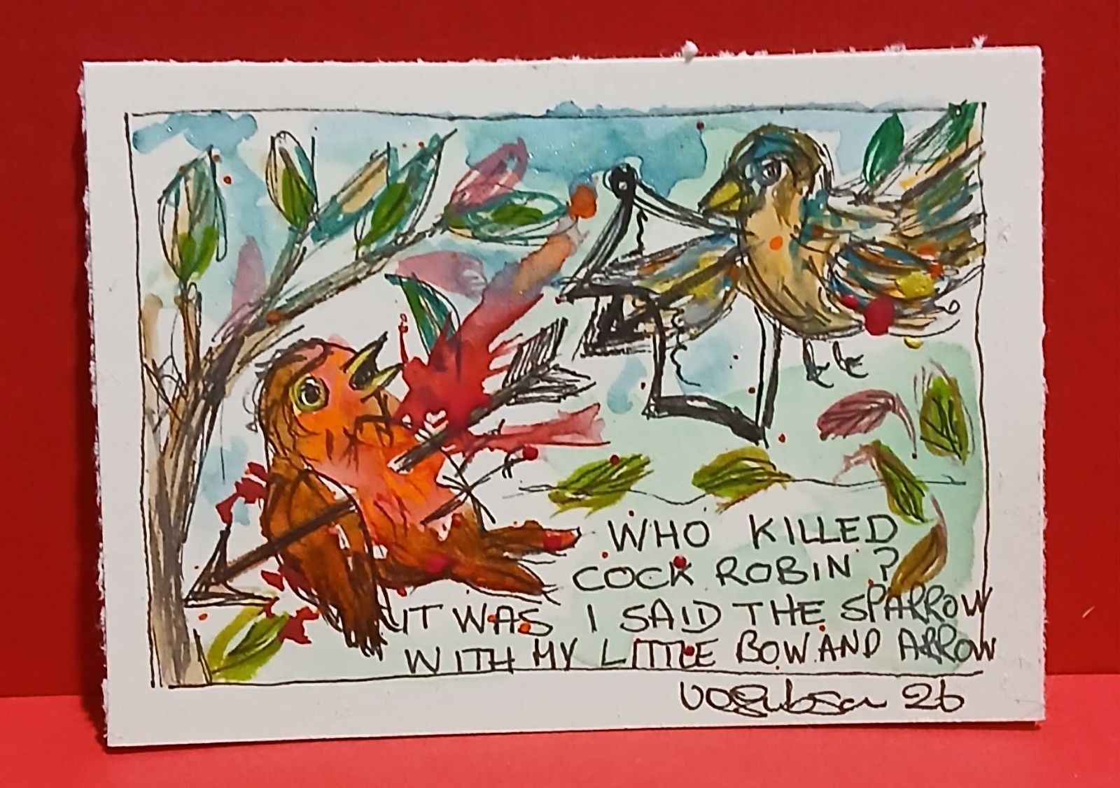 ACEO OOAK Watercolor  Scribble Cock Robin Nursery Rhyme Art by VCGibson