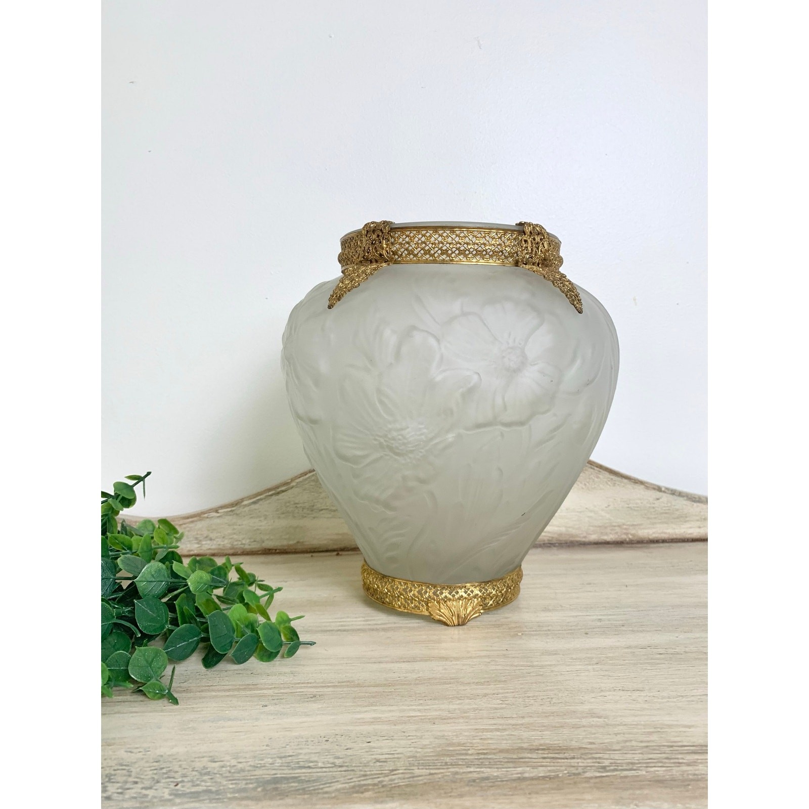Vintage Frosted Glass Floral Vase Gold Filigree Hollywood Regency Art Nouveau