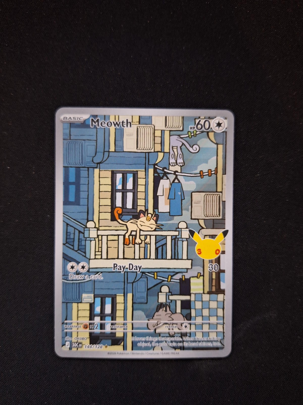 Pokémon TCG Meowth 144/128 30th Anniversary Secret Rare Full Art Holo English Pokémon TCG Meowth 144/128 30th Anniversary Secret Rare Full Art Holo English
