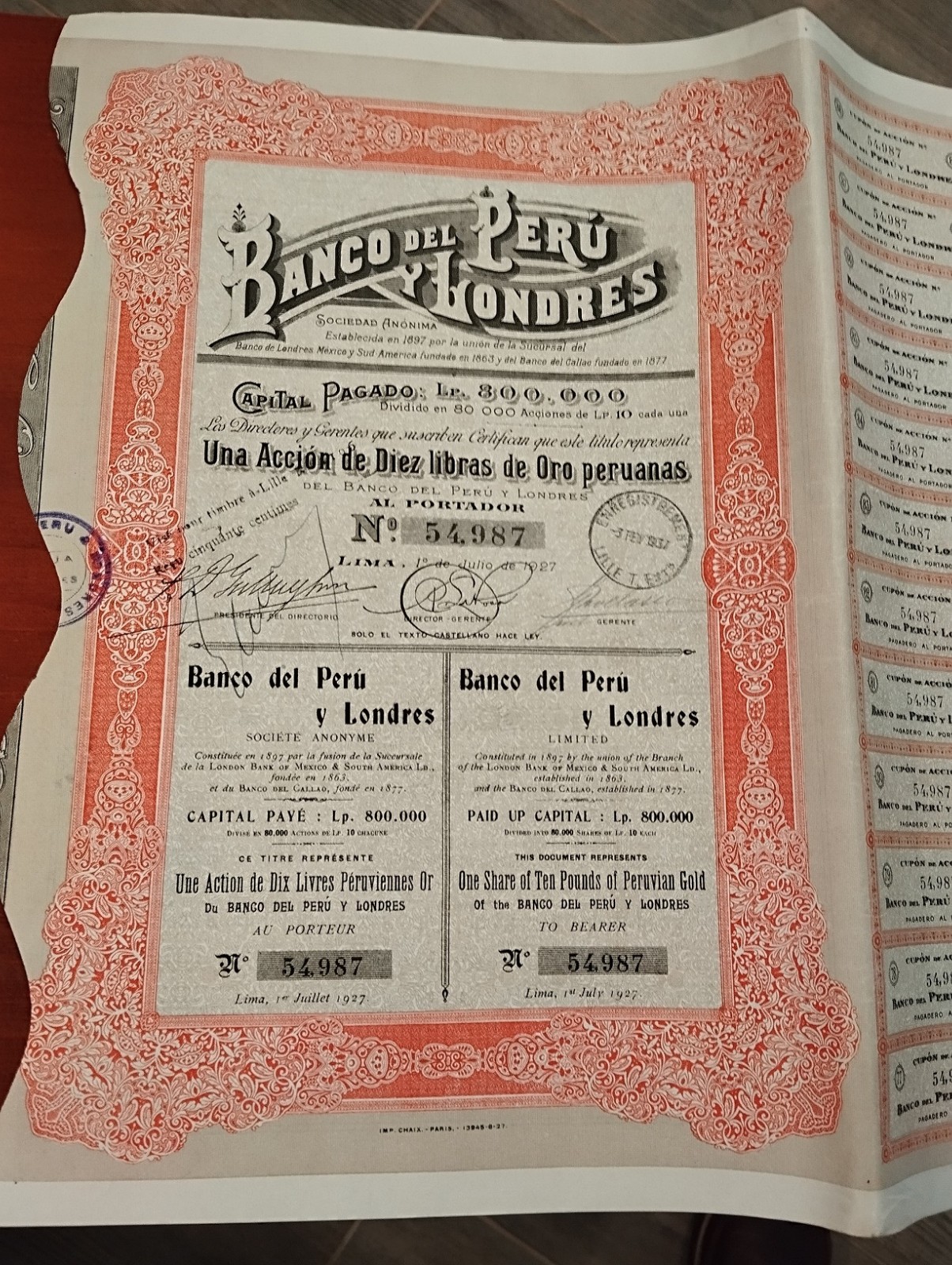 Peru 1927 Banco Peru Londres London UK GB Lima Coupons Bond Loan Stock Cert Peru 1927 Banco Peru Londres London UK GB Lima Coupons Bond Loan Stock Cert