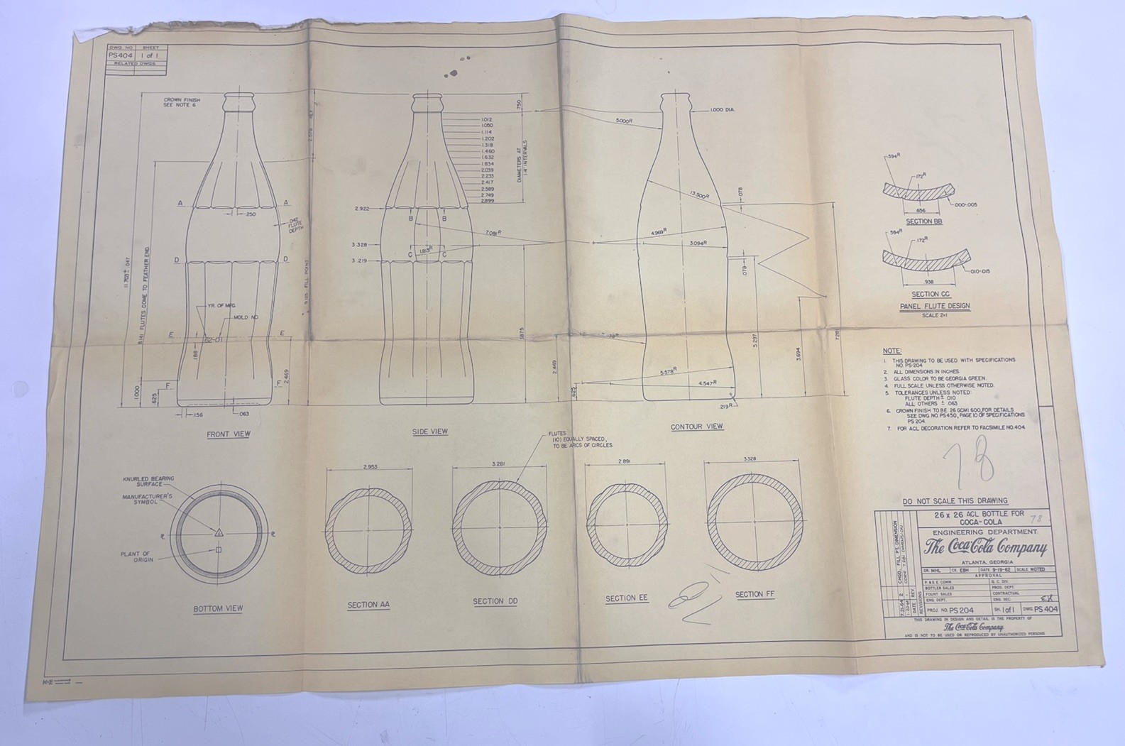 Vintage 1962 Coca-Cola Bottle Engineering Blueprint Original Factory Drawing
