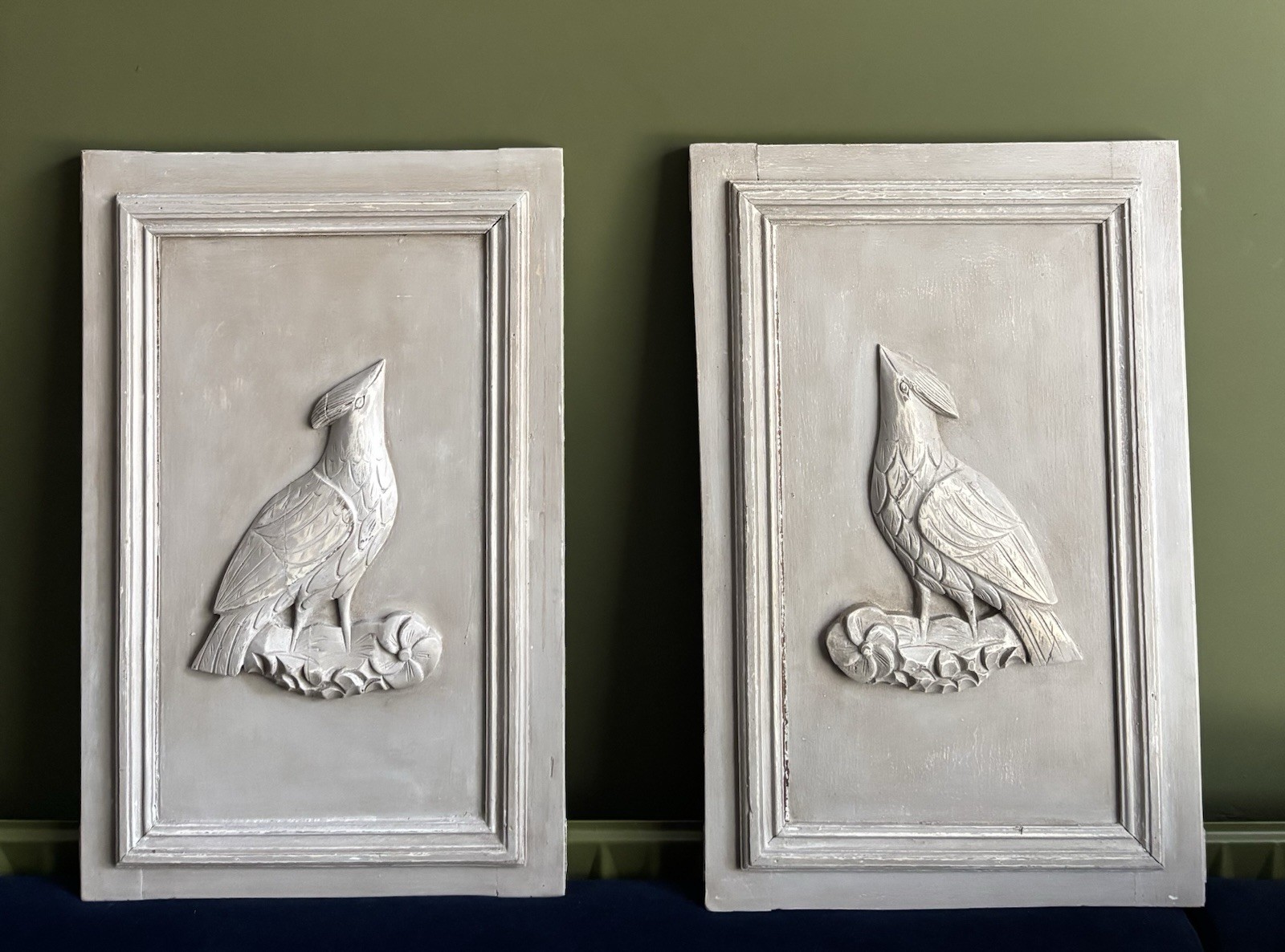 Pair Antique Style Carved Wood Bird Panels Architectural Salvage Grey 58x37cm
