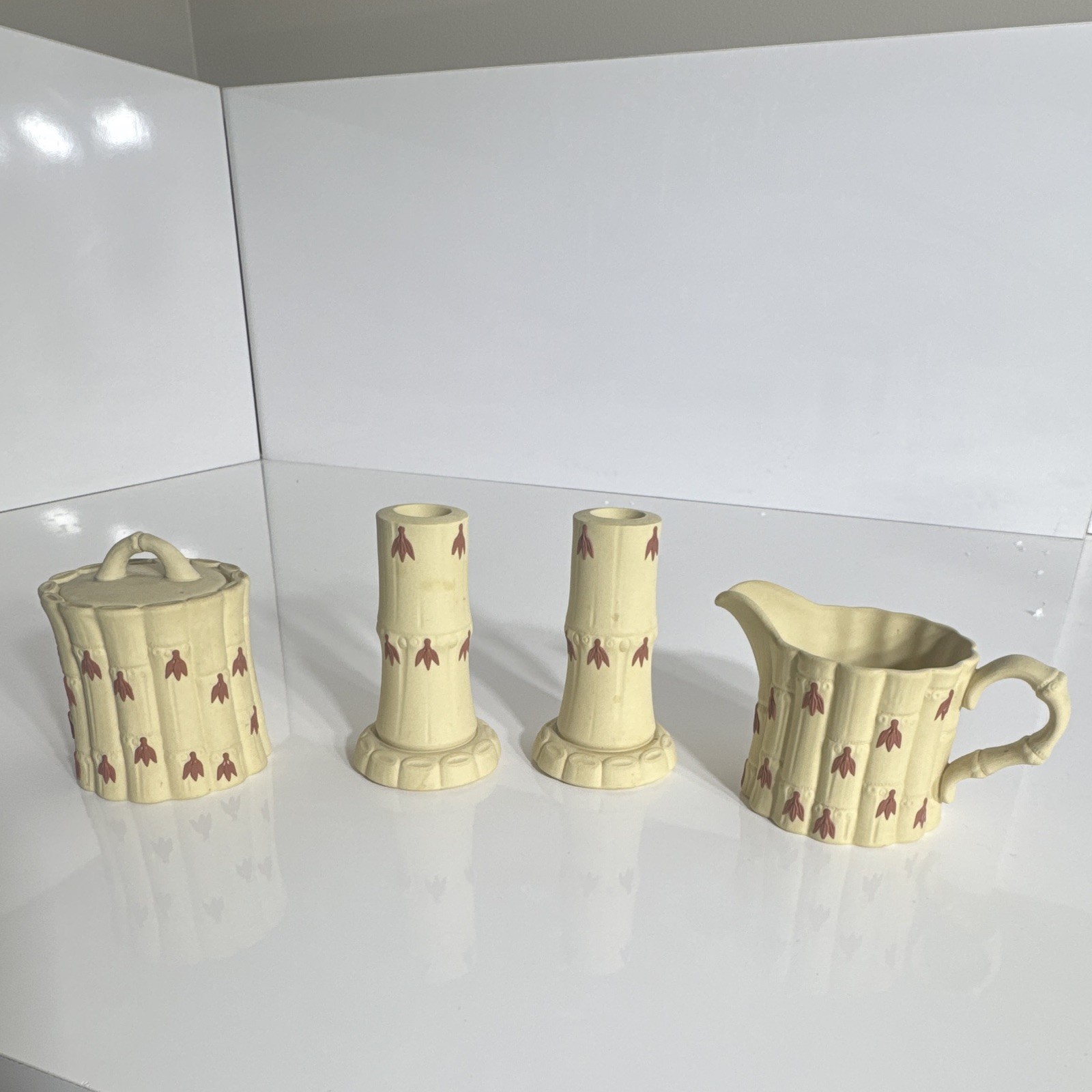 Vintage Wedgwood Jasperware Bamboo 4-Piece Set Primrose Yellow Terracotta