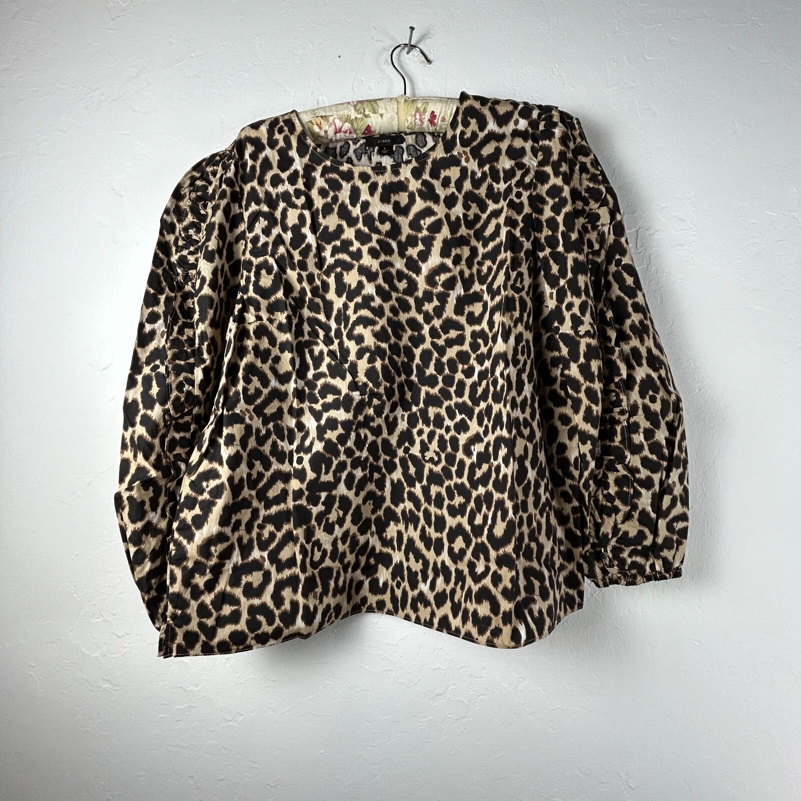 New J.Crew Women\'s Ruffle-Sleeve Top Blouse in Leopard  XL Black Brown AS011 $79