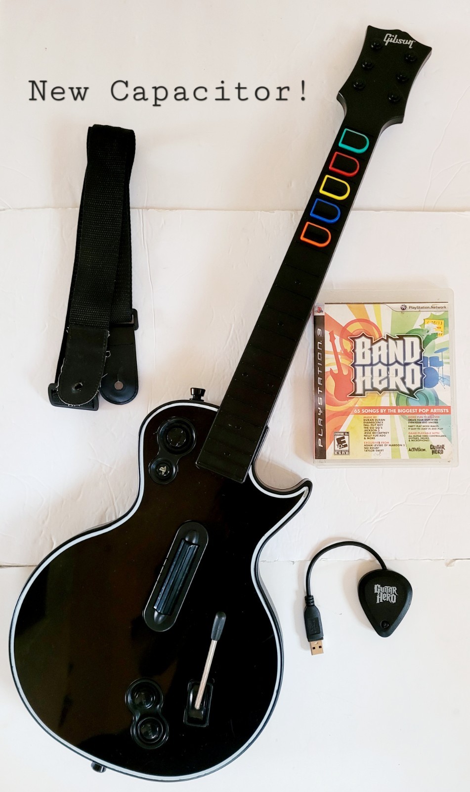 Guitar Hero Gibson Les Paul Wireless PS3 with Dongle NEW CAPACITOR Band W GAME