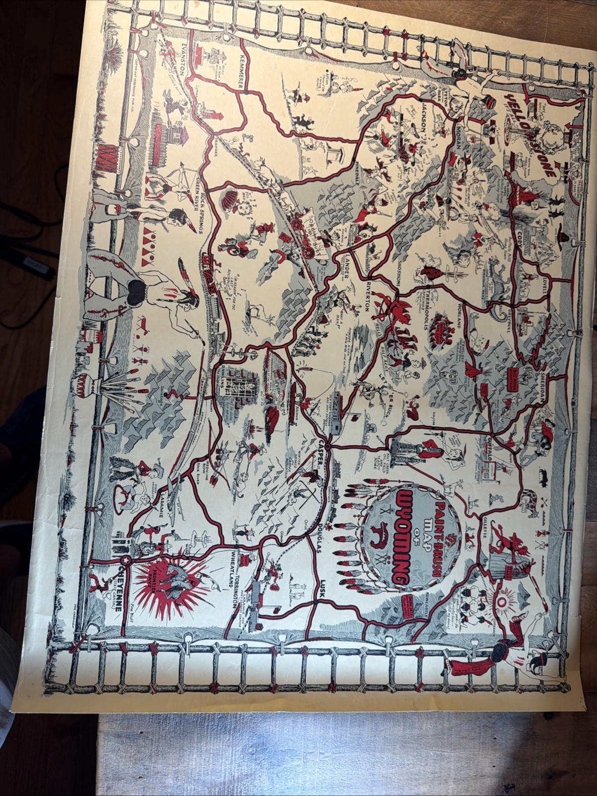 Vintage 1938 Paint-Brush Map of Wyoming Tom Carrigen Pictorial Cartoon Poster