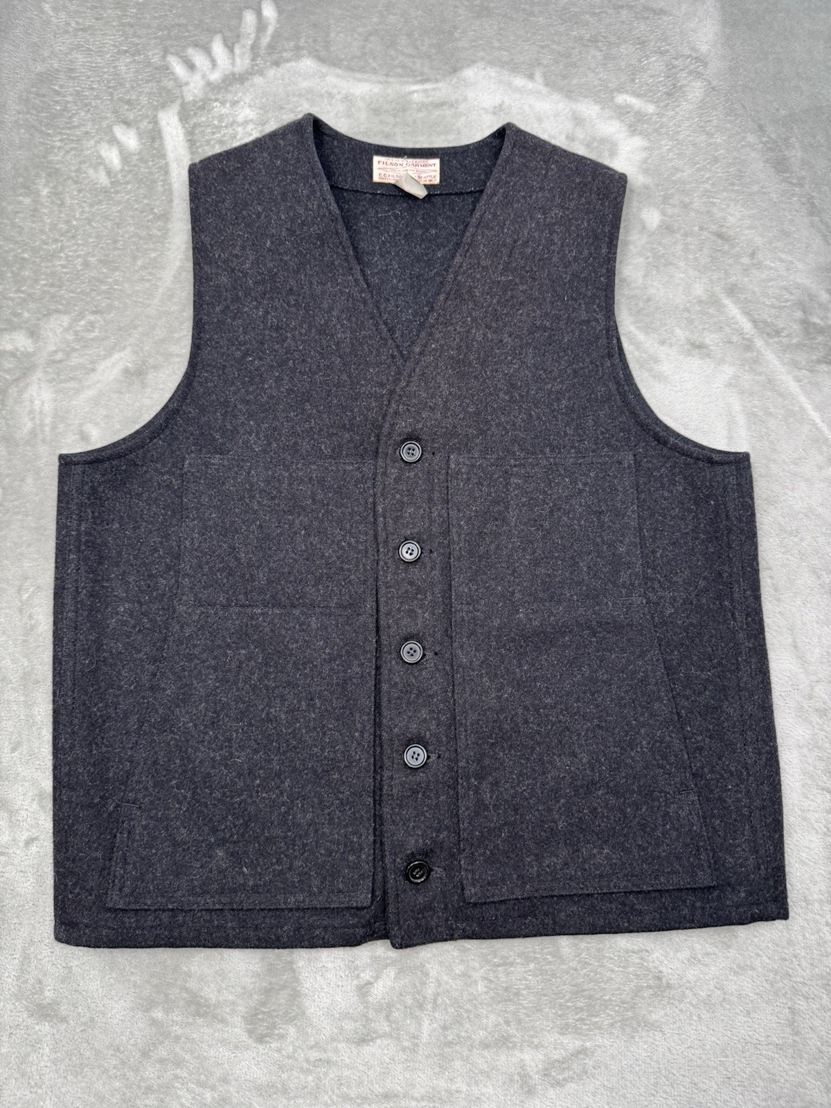 Vintage C.C. Filson Mackinaw Vest Mens 44 Large Black Wool Charcoal Western Work