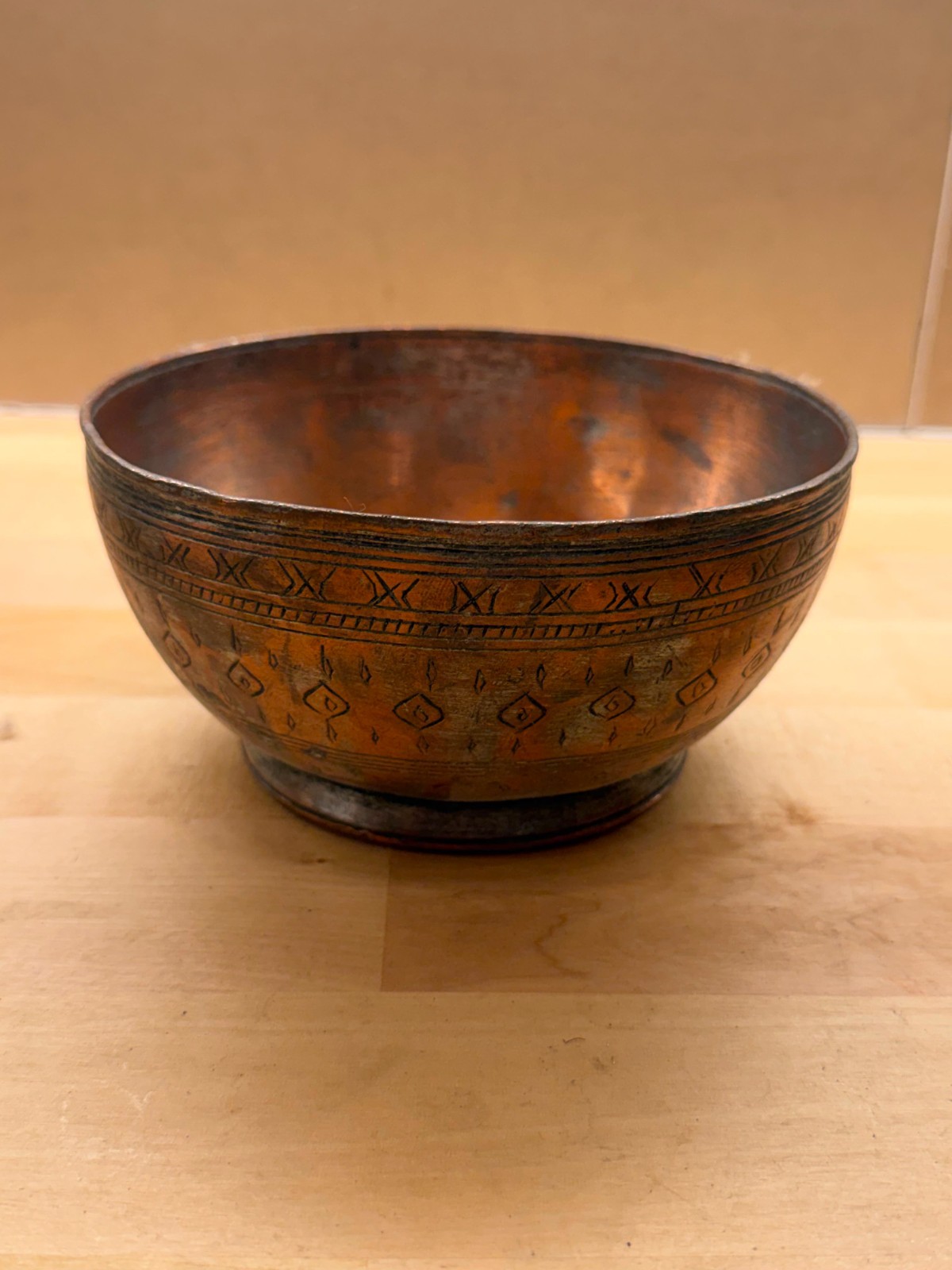 Antique Middle Eastern Copper Bowl Engraved Geometric Footed Small Vessel Antique Middle Eastern Copper Bowl Engraved Geometric Footed Small Vessel