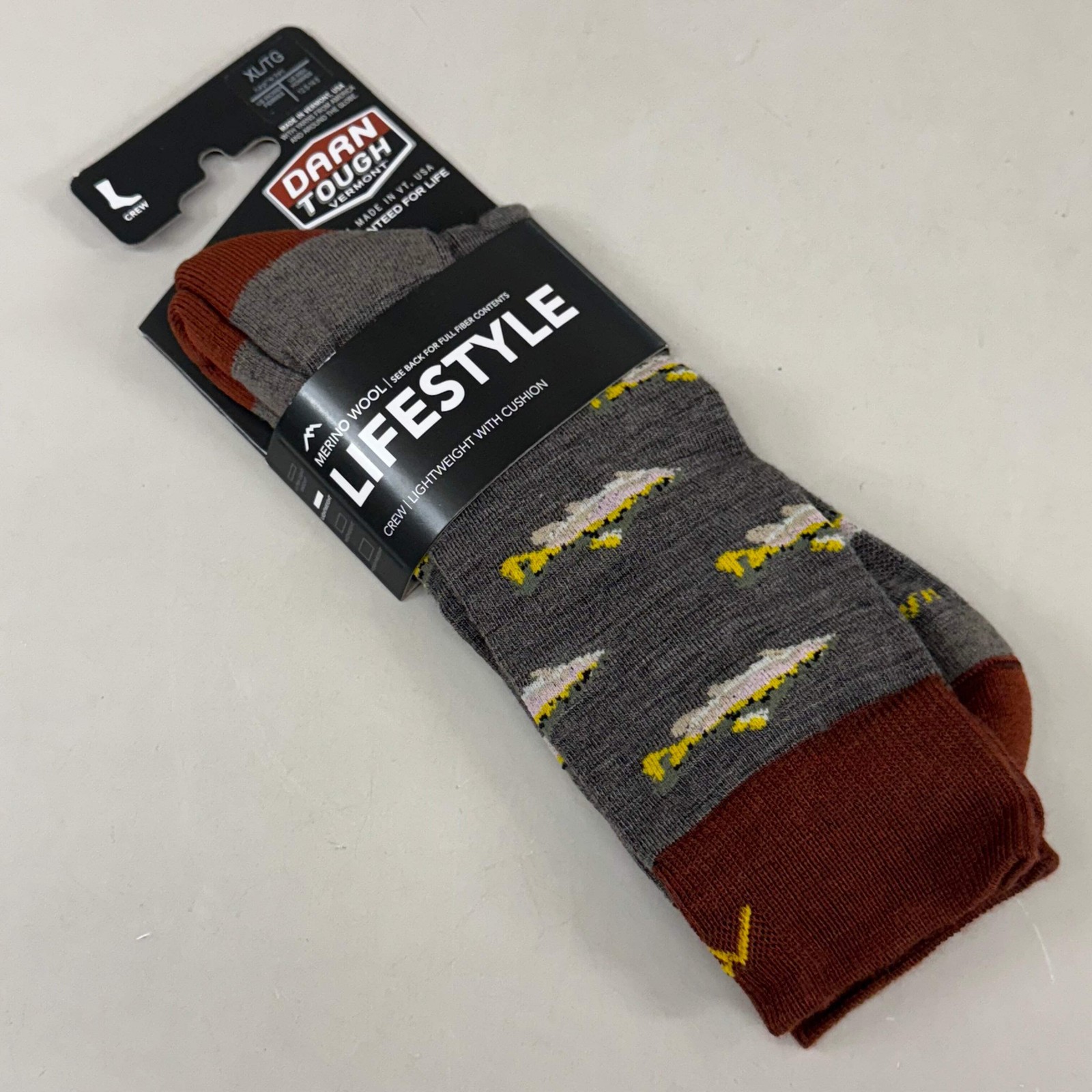 DARN TOUGH Lifestyle Fish Socks Crew Lightweight Merino Wool Men SZ XL 12.5-14.5
